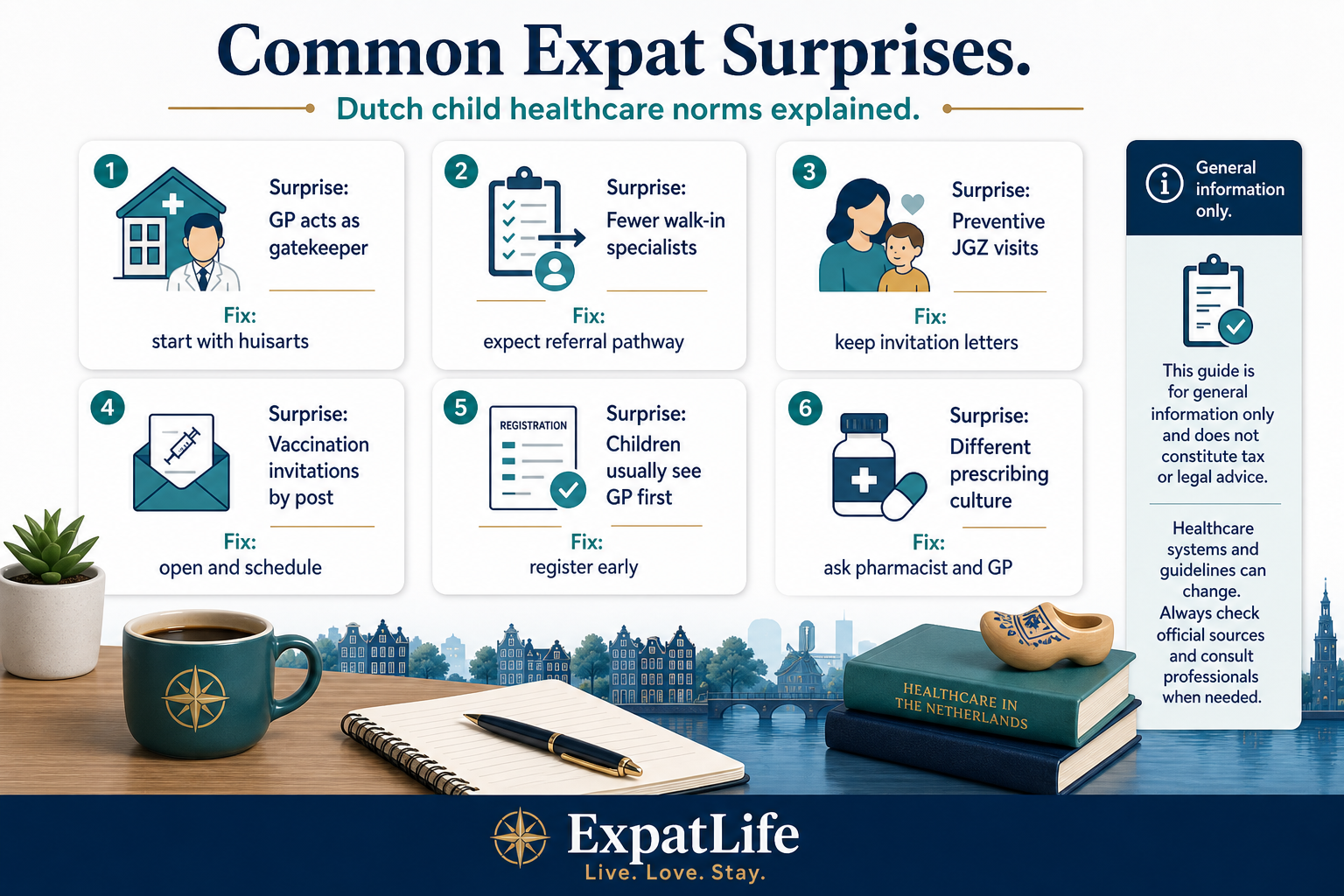 Premium surprise board with six cards and fixes — the GP acts as gatekeeper, prescriptions are conservative, preventive care sits outside the GP practice, appointments are short and phone-triaged, children's dental care needs your own registration, and out-of-hours care starts with a phone call rather than the hospital.