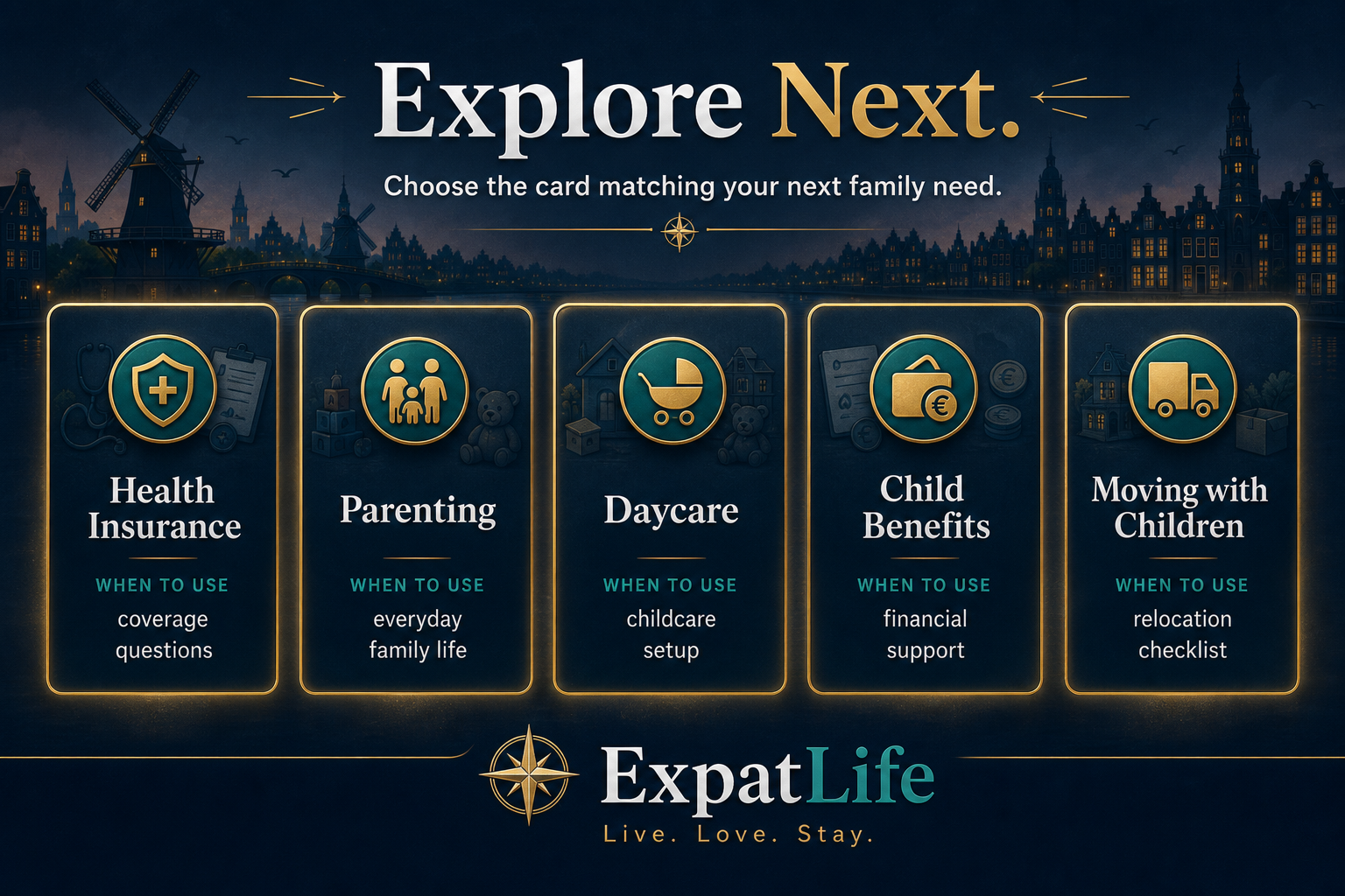 Premium explore-next pathway from children's healthcare to health insurance, parenting, child benefits, daycare and the moving-with-children checklist, with official source cards for government, RIVM and youth healthcare information.