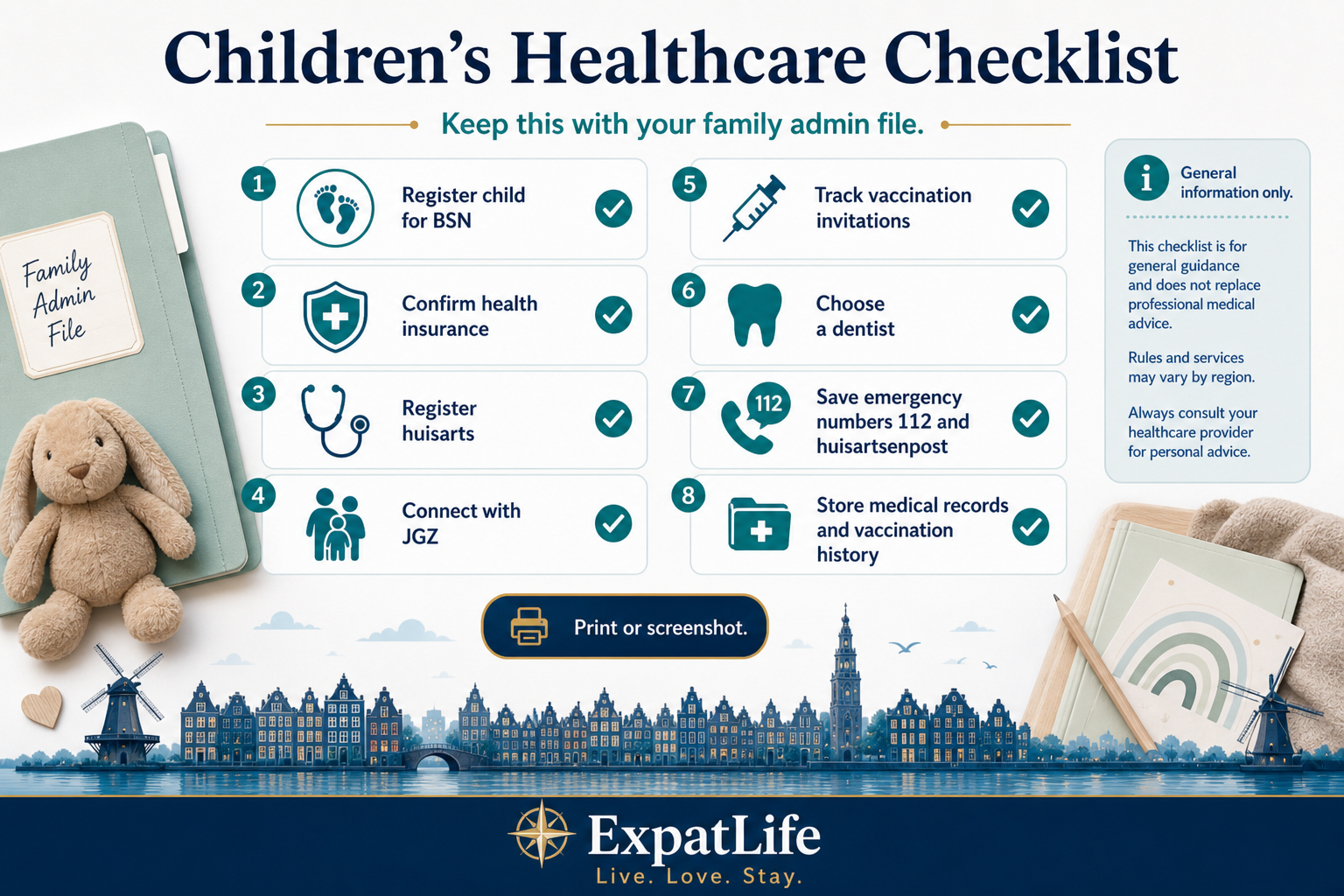 Premium ten-step children's healthcare checklist board — insurance registration, GP, JGZ, dentist, pharmacy, vaccination record, emergency numbers, school health consent, chronic condition handover and an annual review reminder.