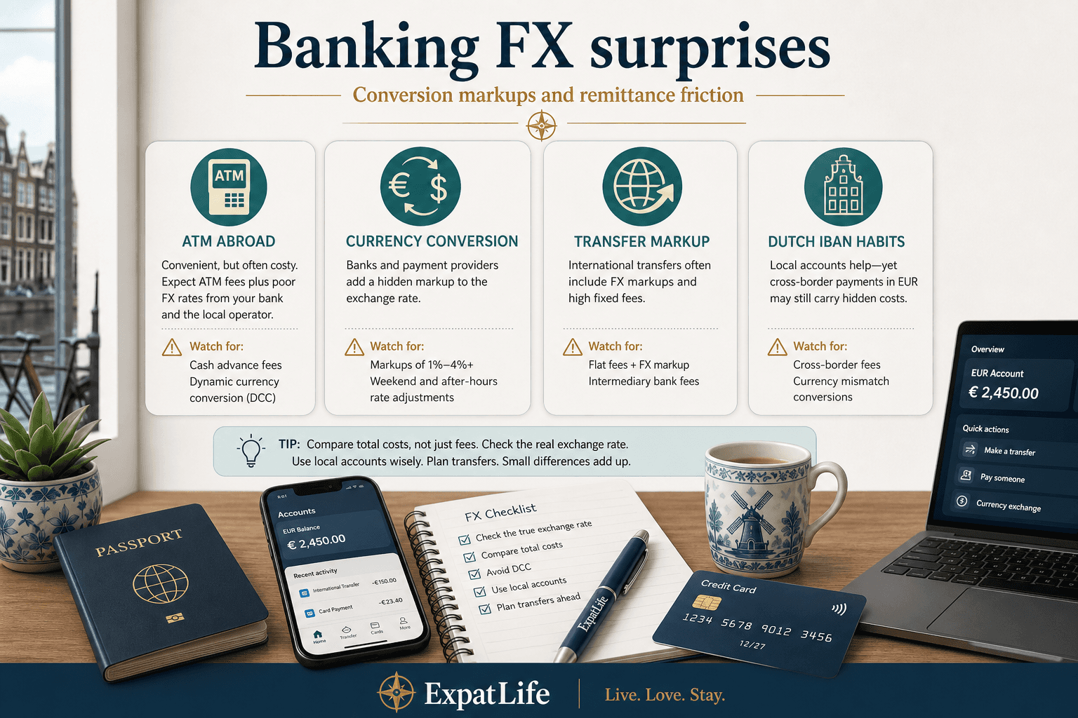 Premium banking and FX fee board — ATM abroad, currency conversion, transfer markup — pair with Dutch IBAN habits — ExpatLife brand footer with compass and Live. Love. Stay.
