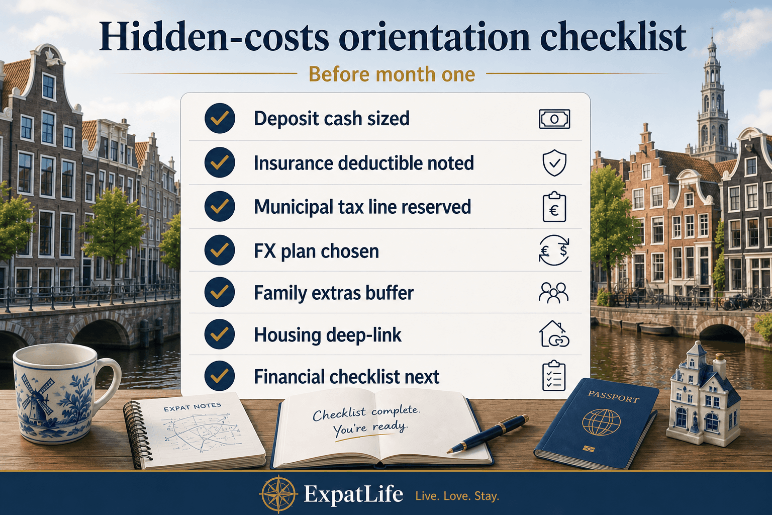 Premium hidden-costs orientation checklist — deposit cash, insurance deductible, municipal tax line, FX plan, family extras, housing deep-link, financial checklist next — ExpatLife brand footer with compass and Live. Love. Stay.