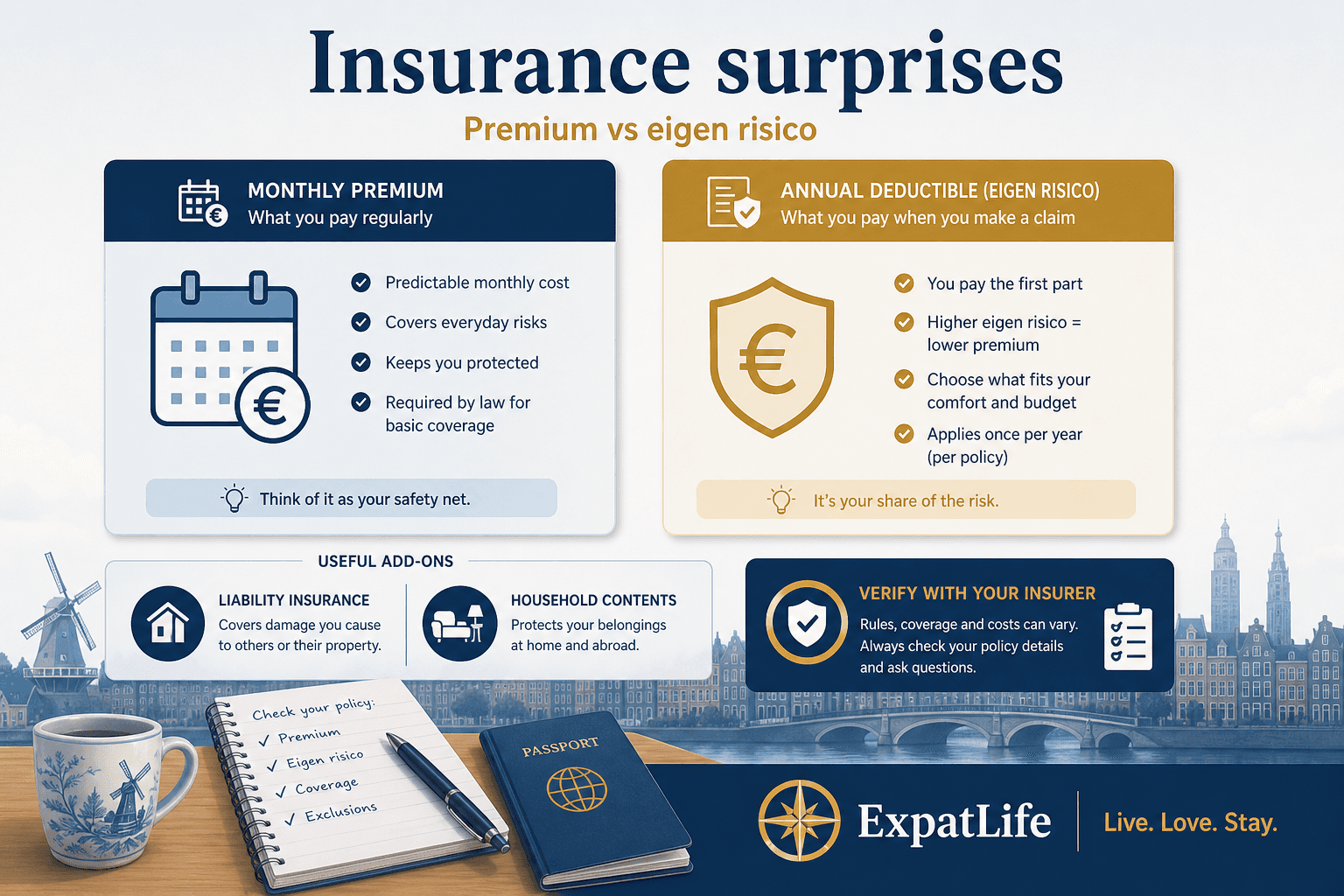 Premium insurance surprises board — monthly premium vs eigen risico deductible, liability and household add-ons — Verify with your insurer rail, ExpatLife brand footer.