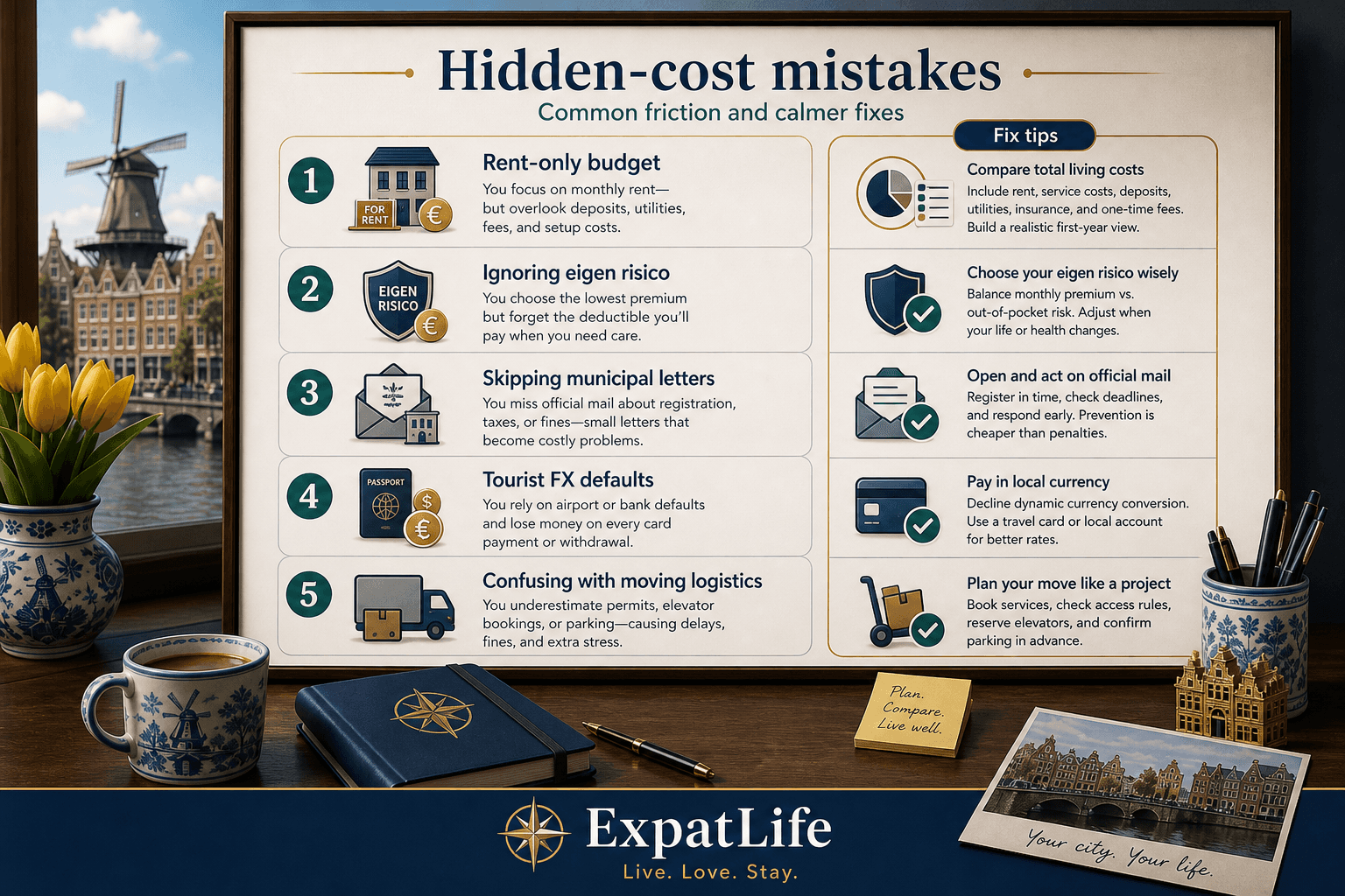 Premium mistakes board for Netherlands hidden costs — budgeting rent only, ignoring eigen risico, skipping municipal letters, using tourist FX cards, treating this as a full move logistics checklist — Fix tips rail.