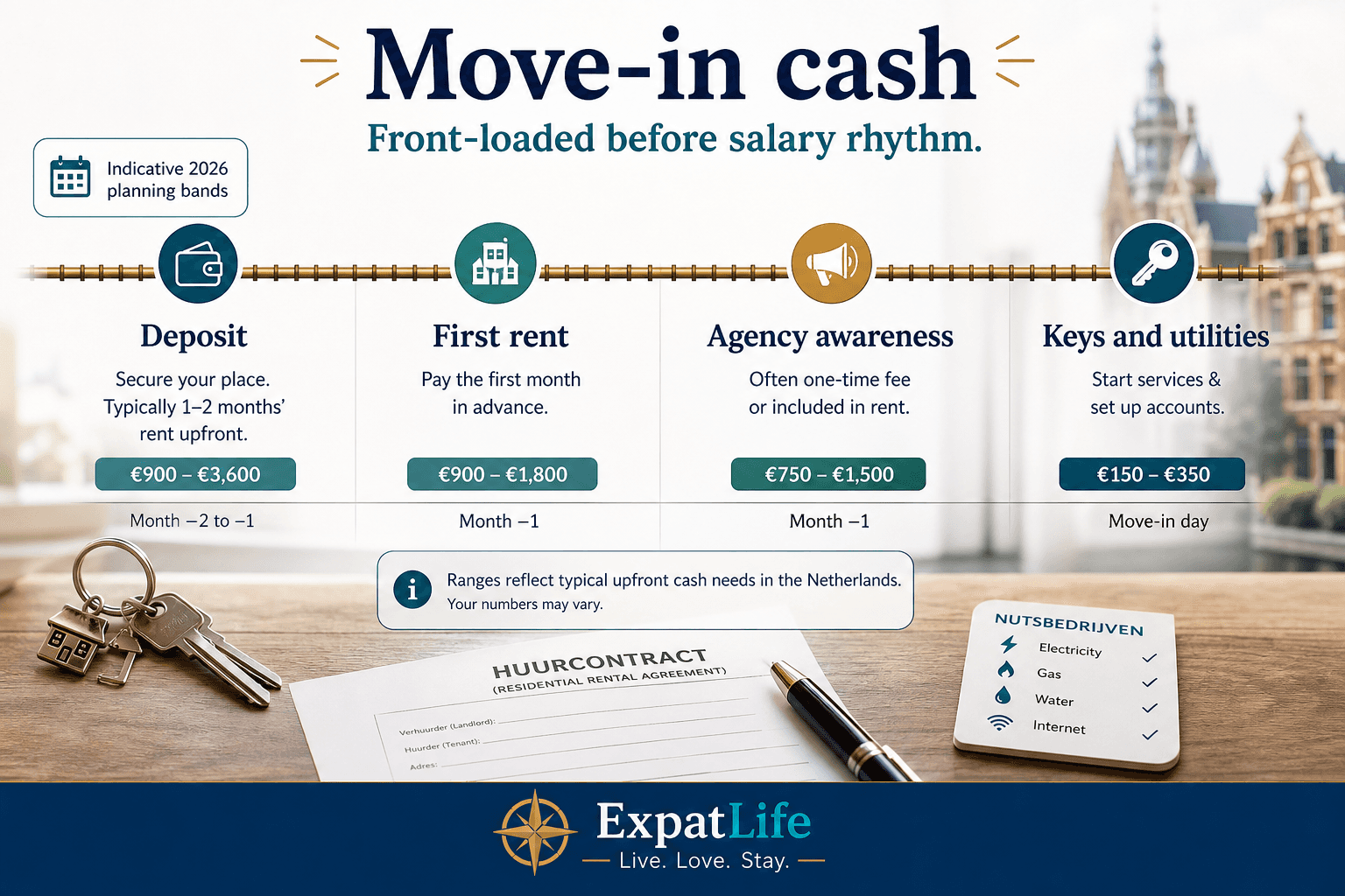 Premium move-in cash timeline — deposit, first rent, agency fee awareness, keys and utilities activation — indicative 2026 bands rail, ExpatLife brand footer with compass and Live. Love. Stay.