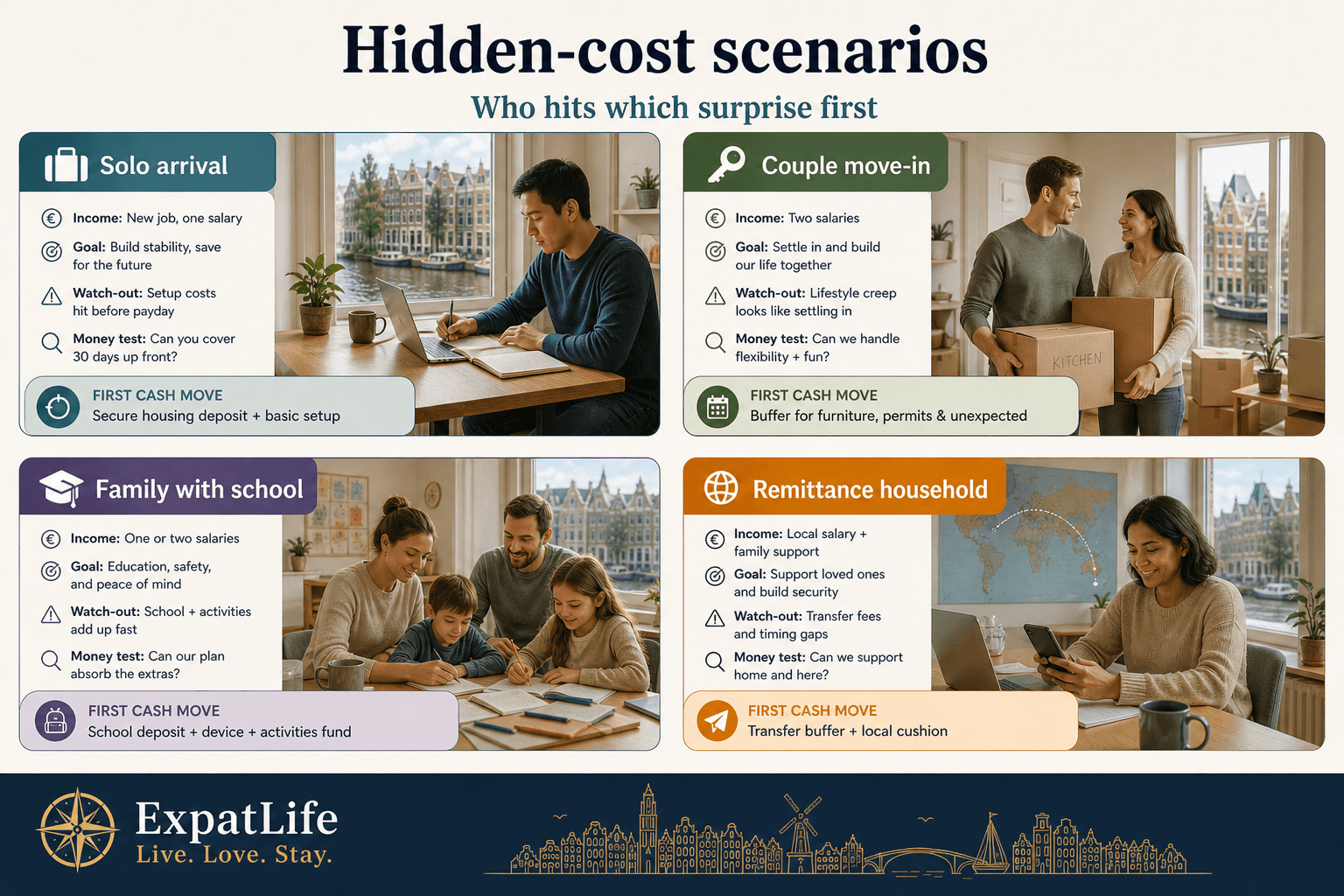 Premium four-scenario board for hidden costs — solo arrival, couple move-in, family with school, remittance household — each with a first cash move.
