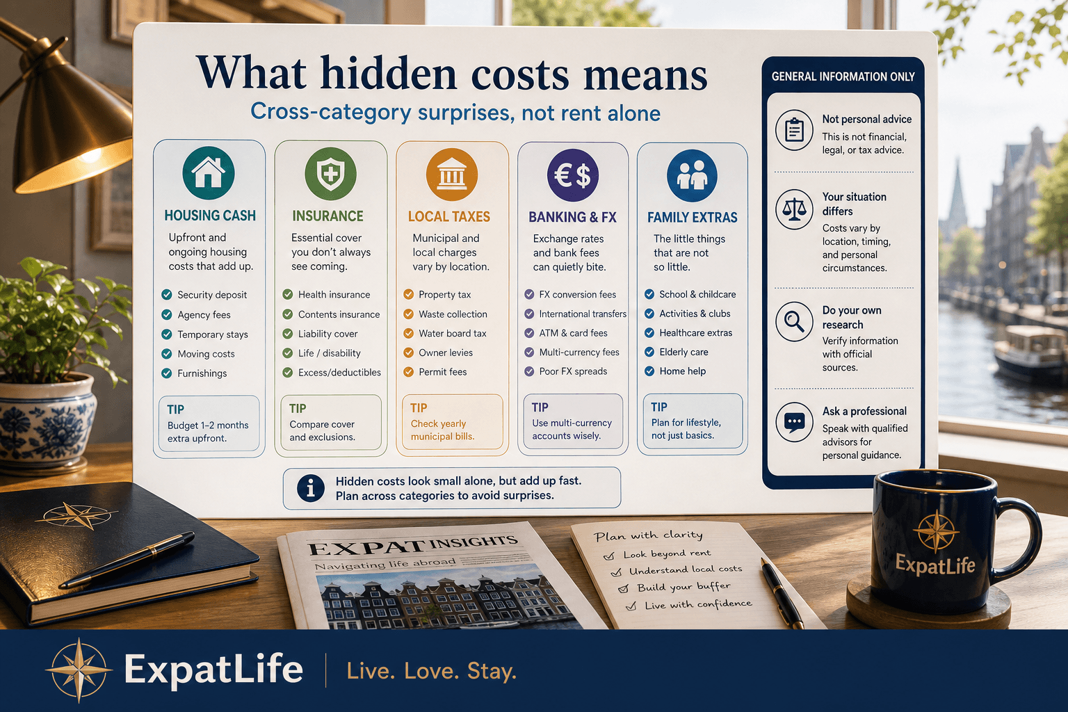 Premium desk scene explaining hidden costs as cross-category newcomer surprises — not only housing — General information only rail, canal window light, ExpatLife brand area.