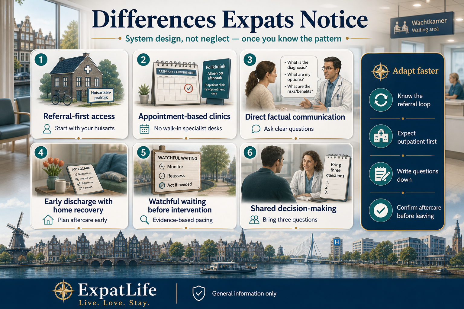 Premium surprise cards for expats about Dutch hospitals — referral-first access, appointment-based clinics instead of walk-ins, direct and factual communication style, early discharge with home recovery, watchful waiting before intervention, and shared decision-making expectations — each with a short adaptation tip.