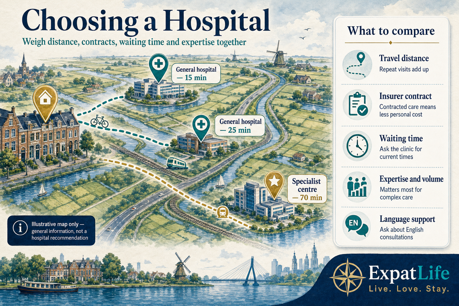 Premium map-style board about choosing a hospital in the Netherlands — travel distance from home, contracted status with your insurer, waiting time for the specialty, treatment volume and expertise for complex care, and language support — with a route line from a home address to two nearby hospitals and one specialist centre further away.