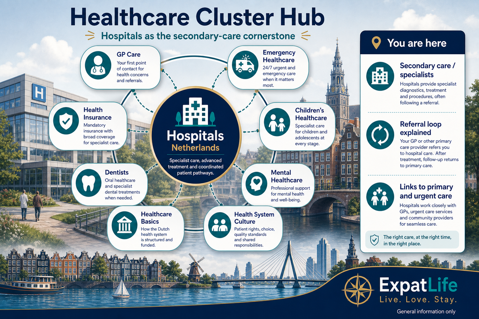 Premium healthcare cluster ecosystem diagram with Hospitals at the centre, connected to GP care, emergency healthcare, health insurance, children's healthcare, dentists, healthcare basics and health system culture.