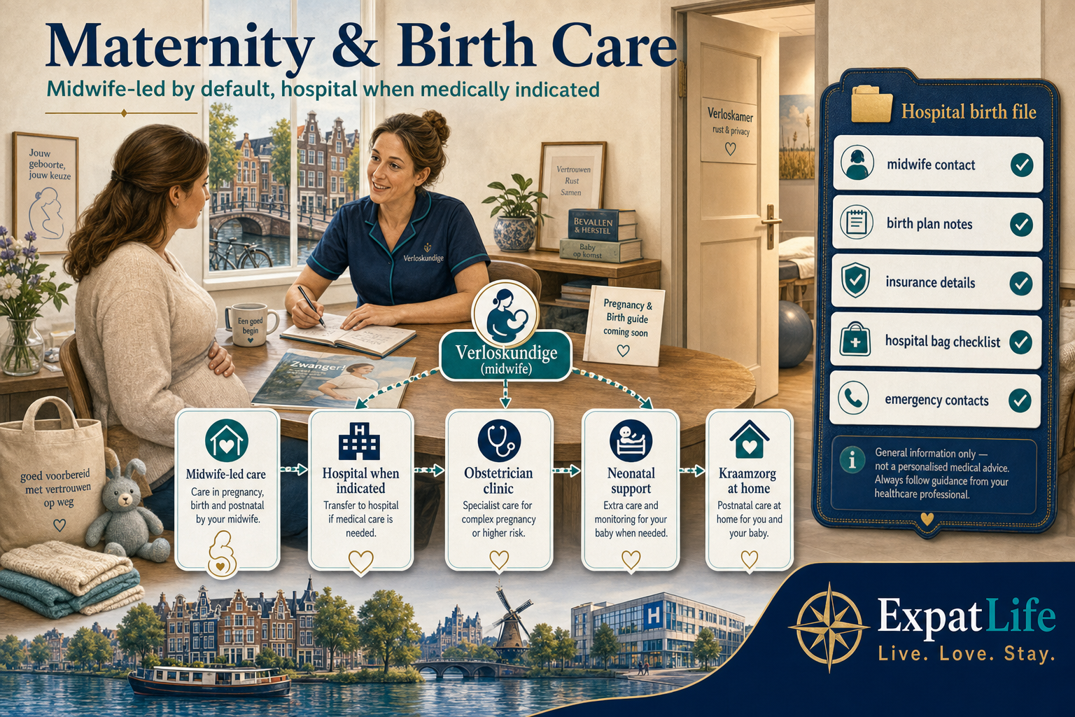 Premium maternity care board — midwife-led care at the centre, hospital involvement when medically indicated, outpatient birth room, obstetrician and gynaecology clinic, neonatal support and postnatal kraamzorg at home — with a Coming soon marker for the dedicated Pregnancy and Birth guide.