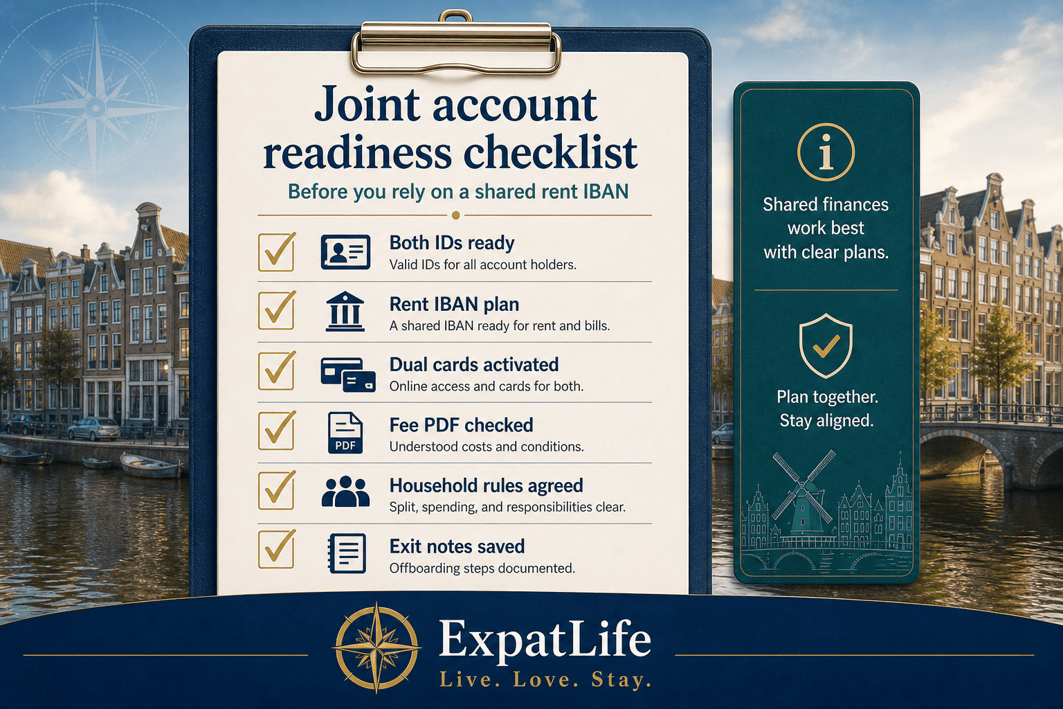 Premium joint-account readiness checklist board — both IDs ready, rent IBAN plan, dual cards activated, fee PDF checked, household rules agreed, exit notes saved — ExpatLife brand footer with compass and Live. Love. Stay.