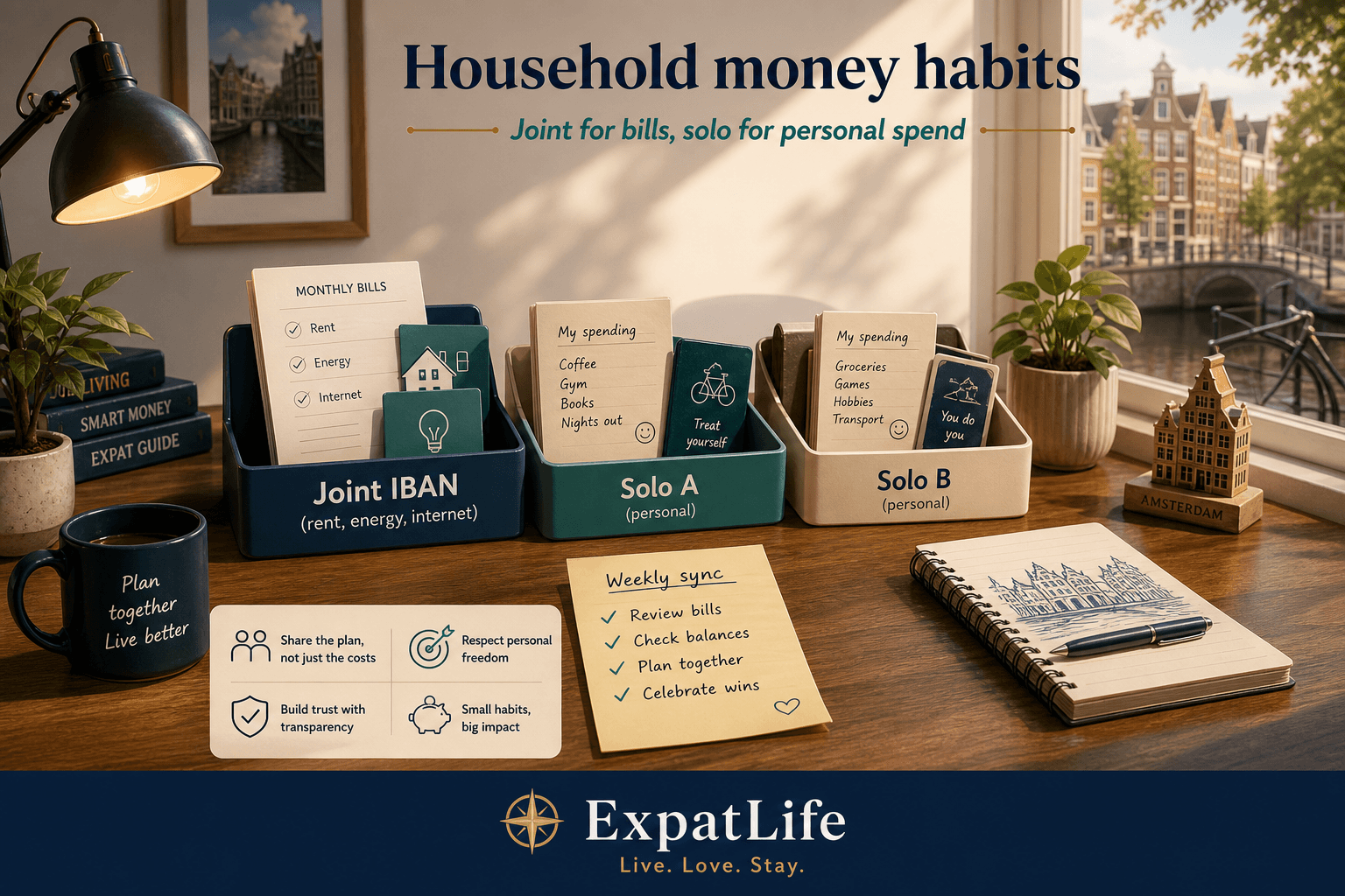Premium household money habits board — rent and utilities on the joint IBAN, personal spending on solo accounts, weekly sync habit — Amsterdam apartment desk scene and ExpatLife brand area.