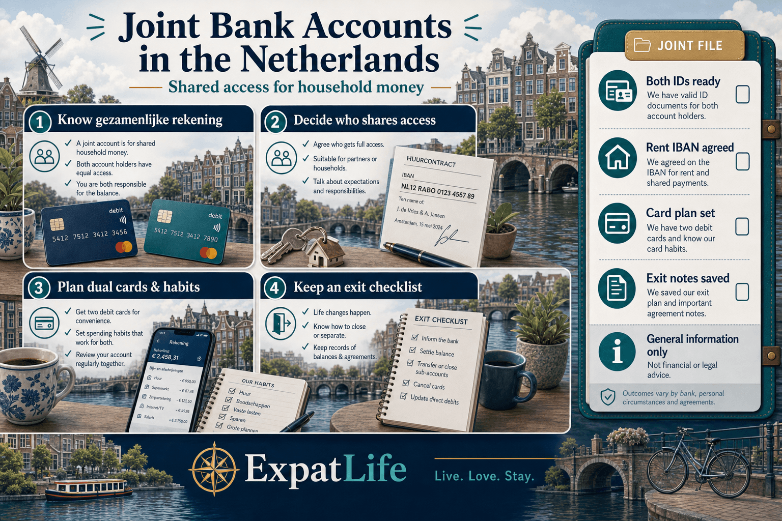 Premium orientation board titled Joint Bank Accounts in the Netherlands — four building blocks: know what a gezamenlijke rekening is, decide who shares access, plan dual cards and household habits, and keep an exit checklist — right-side Joint file rail lists both IDs ready, rent IBAN agreed, card plan set and exit notes saved.