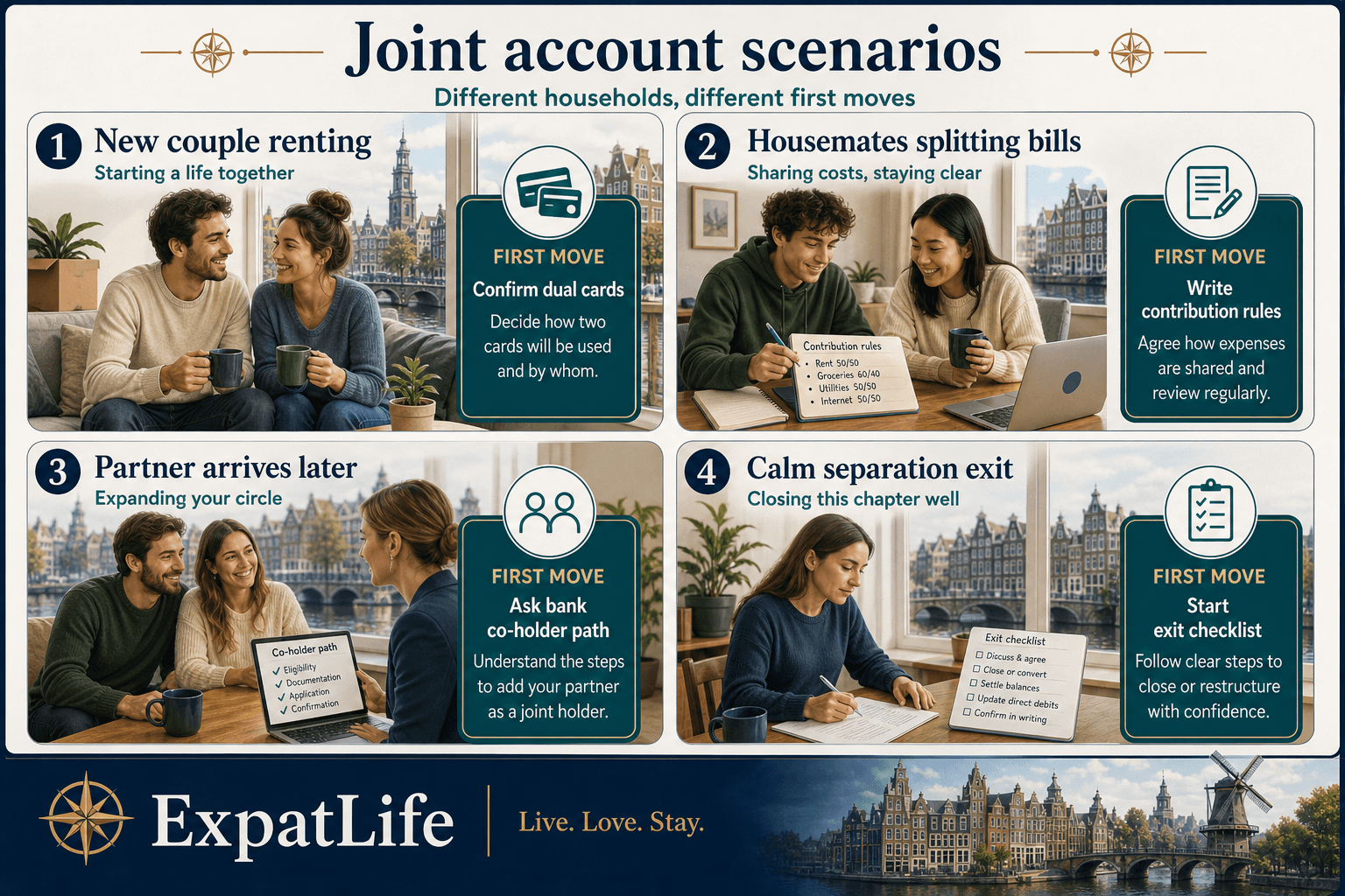 Premium four-scenario board for joint accounts — new couple renting, housemates splitting bills, one partner arrives later, and calm separation exit — each with a first move.