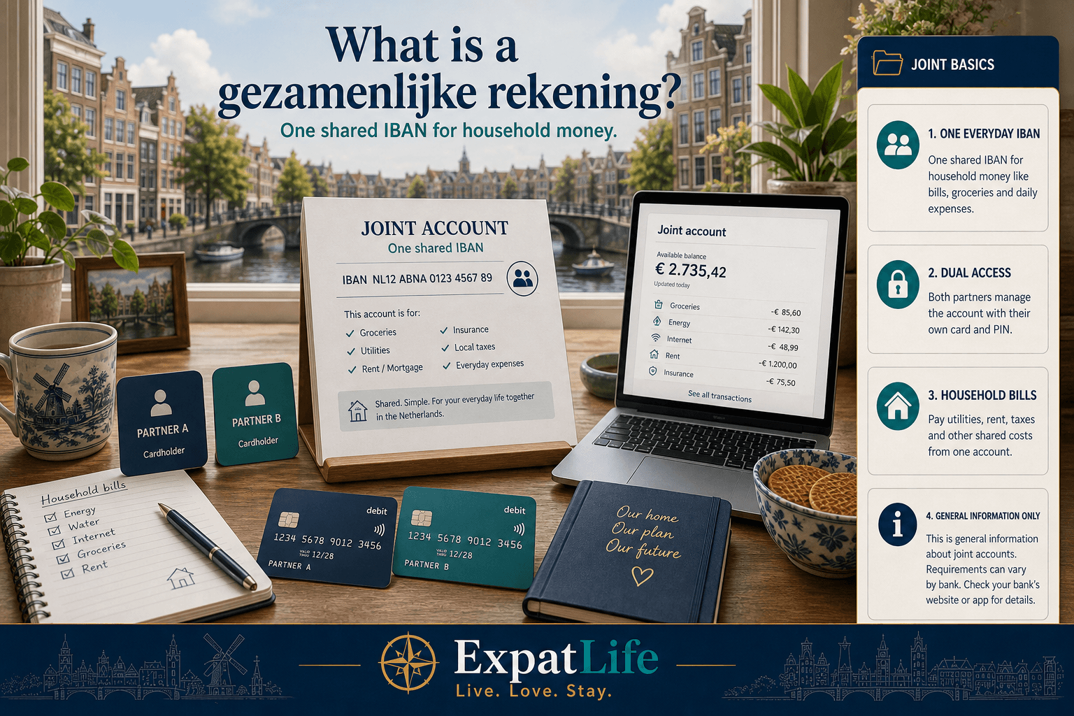 Premium desk scene explaining a Dutch gezamenlijke rekening — one shared IBAN, household bills folder, two name cards, and a General information only rail — canal window light, ExpatLife brand area.