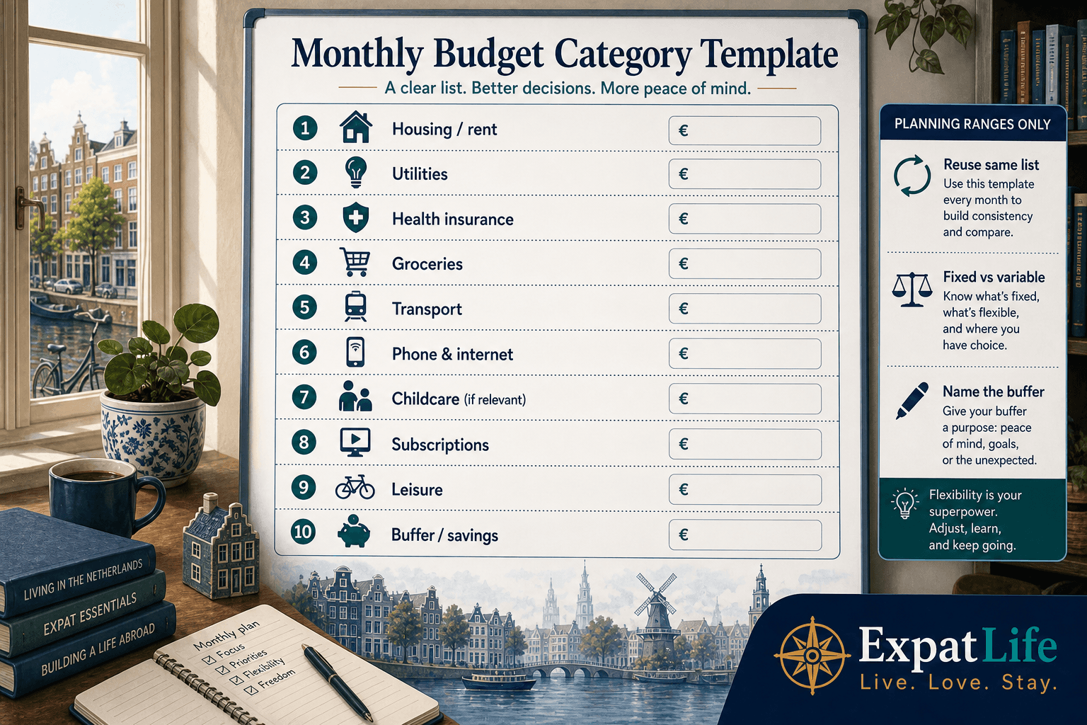 Premium category template board — housing and rent, utilities, health insurance, groceries, transport, phone and internet, childcare if relevant, subscriptions, leisure, buffer and savings line — Planning ranges only rail, canal backdrop, ExpatLife brand footer.