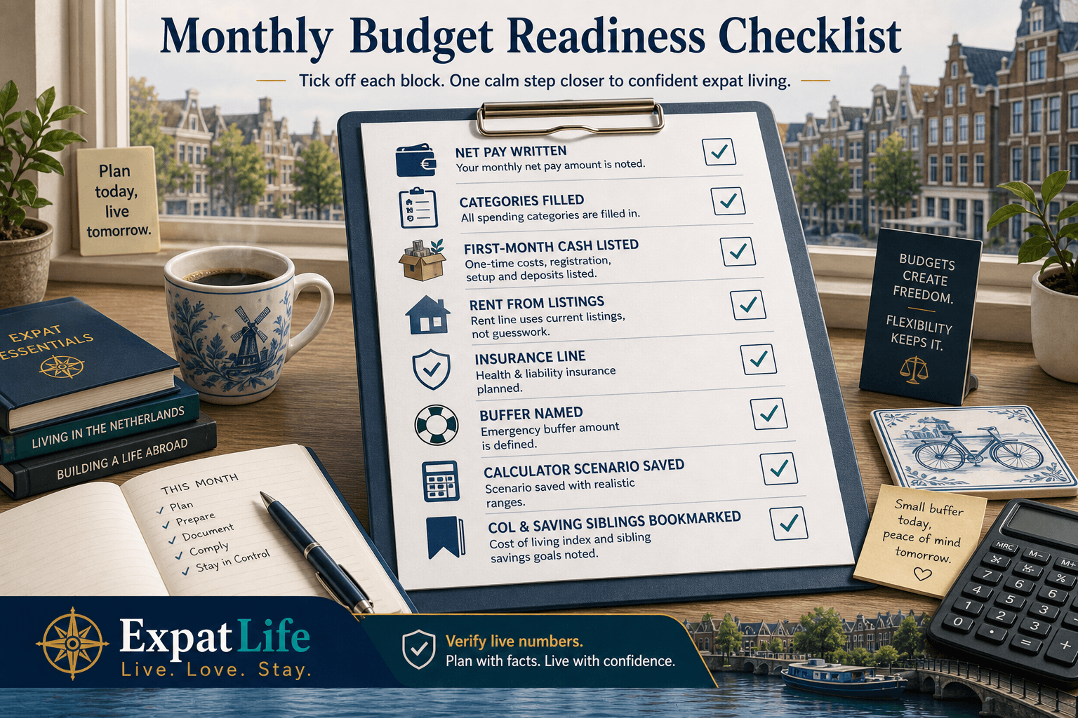 Premium monthly budget readiness checklist — net pay written, categories filled, first-month cash listed, buffer named, calculator run, COL and saving siblings bookmarked — ExpatLife brand footer with compass and Live. Love. Stay.
