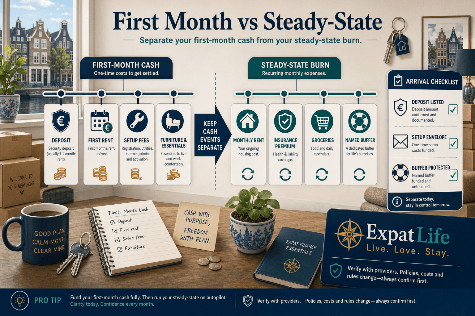 Premium first-month vs steady-state timeline — deposit and double rent, setup fees, insurance start, furniture cash, then calmer recurring lines — Dutch apartment move-in desk scene, ExpatLife brand area with compass and Live. Love. Stay.