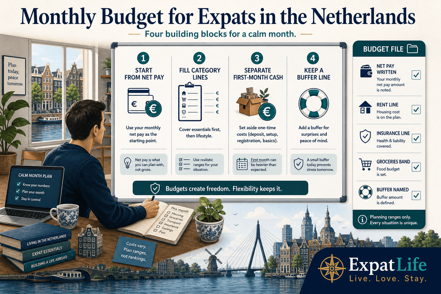 Premium orientation board titled Monthly Budget for Expats in the Netherlands — four building blocks: start from net pay, list category lines, separate first-month cash from steady burn, keep a buffer line — right-side Budget file rail lists net pay, rent, insurance, groceries and buffer — ExpatLife brand footer with compass and Live. Love. Stay.