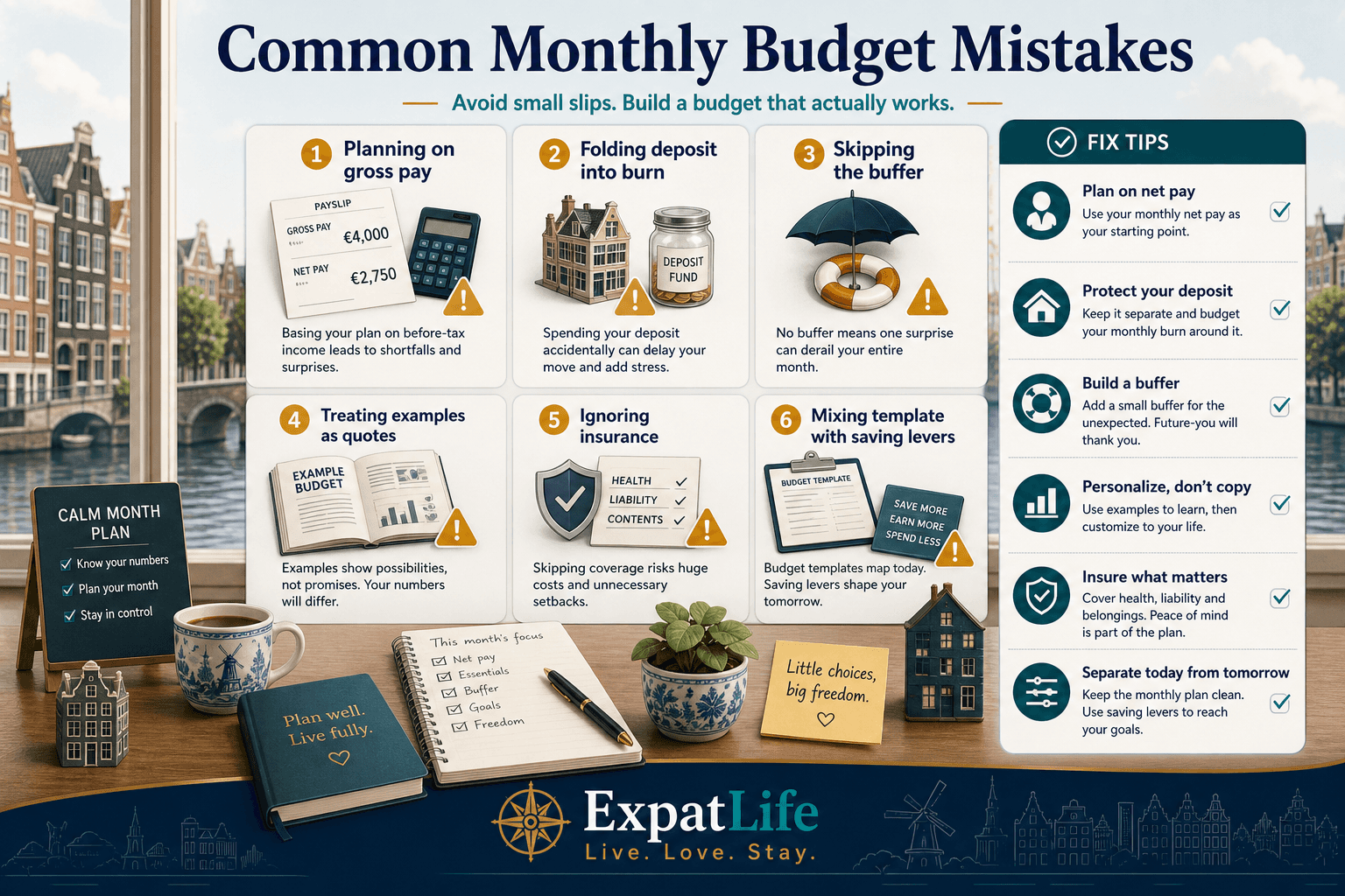 Premium mistakes board for Netherlands monthly budgets — planning on gross pay, folding deposit into monthly burn, skipping buffer, ignoring insurance, treating example totals as quotes — Fix tips on a right-side rail.
