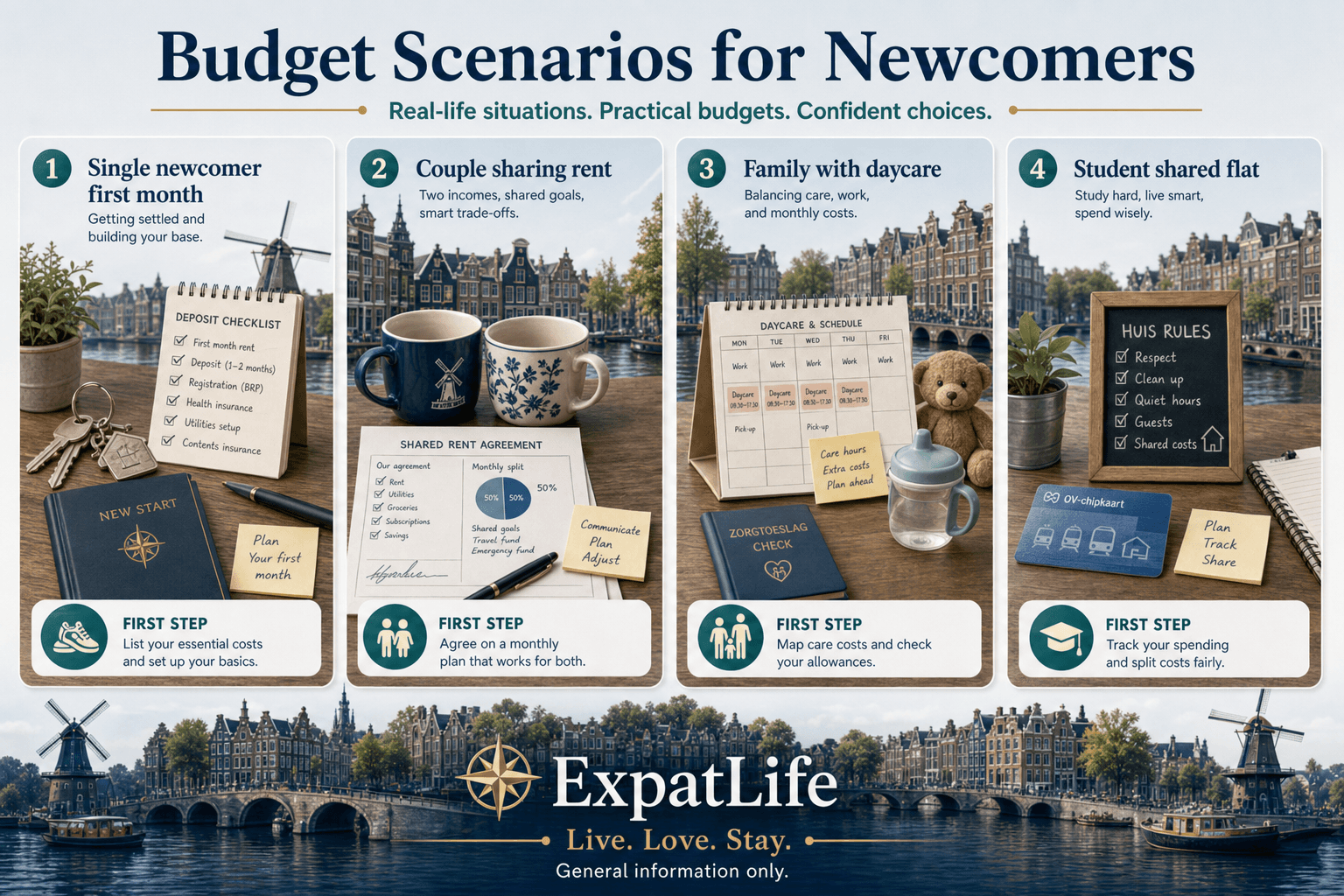 Premium four-scenario board — single newcomer first month, couple sharing rent, family with daycare, student shared flat — each with a first budget step.