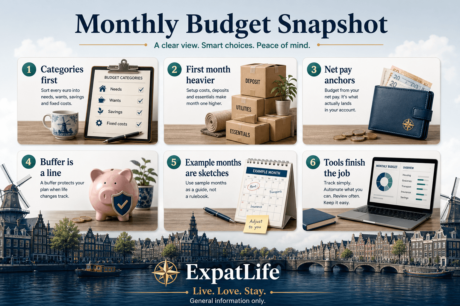 Premium six-card snapshot of a Dutch expat monthly budget — housing leads, insurance fixed, groceries flexible, transport mode, buffer line, and first-month cash — Dutch canal skyline band and ExpatLife brand footer with compass and Live. Love. Stay.