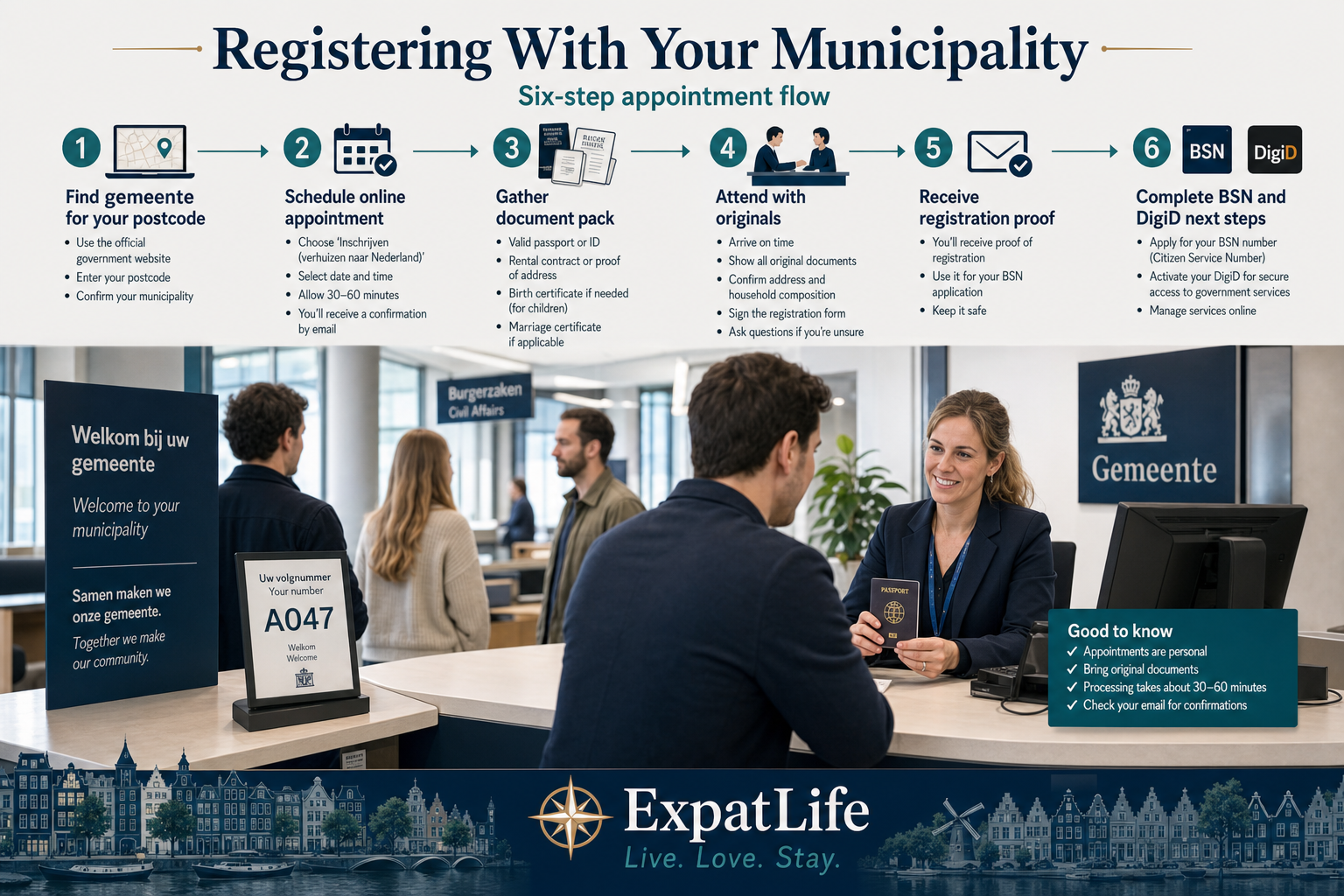 Premium infographic step-by-step municipality registration appointment flow.