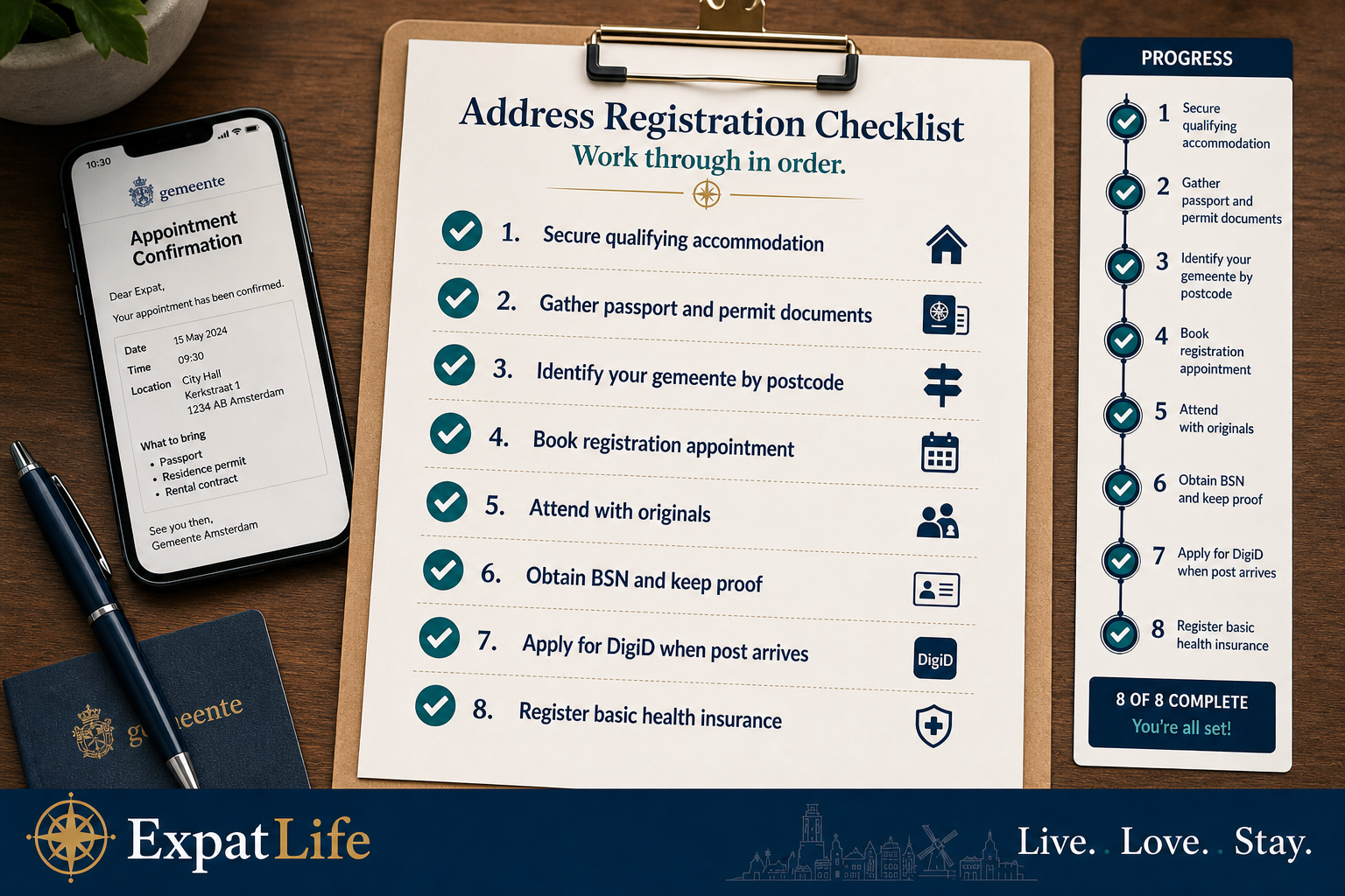 Premium infographic checklist for address registration after moving to the Netherlands.