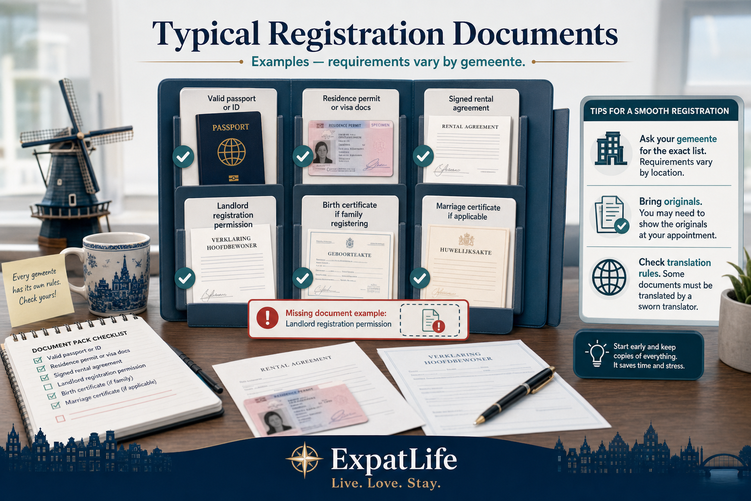 Premium infographic of typical documents for Dutch municipality address registration.