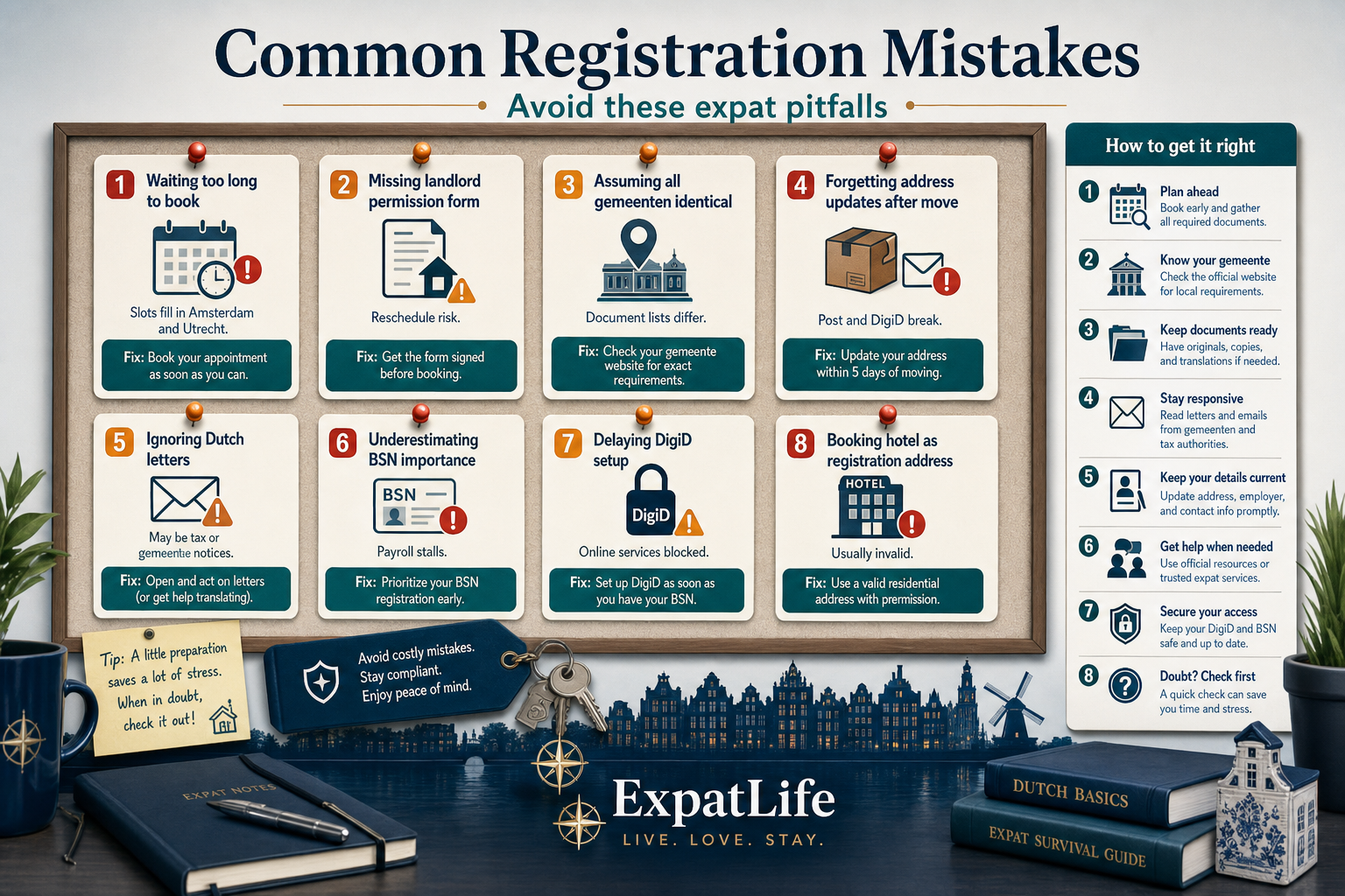 Premium infographic of common address registration mistakes expats make in the Netherlands.