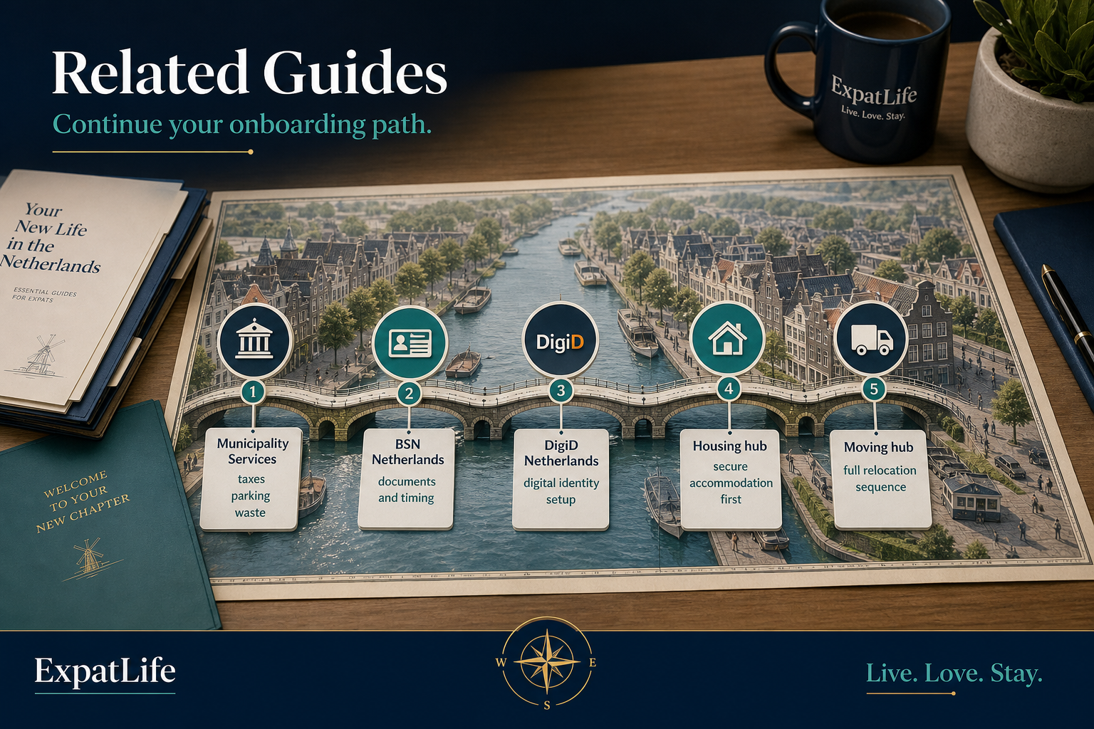 Premium infographic connecting address registration to municipality, BSN, DigiD and housing guides.