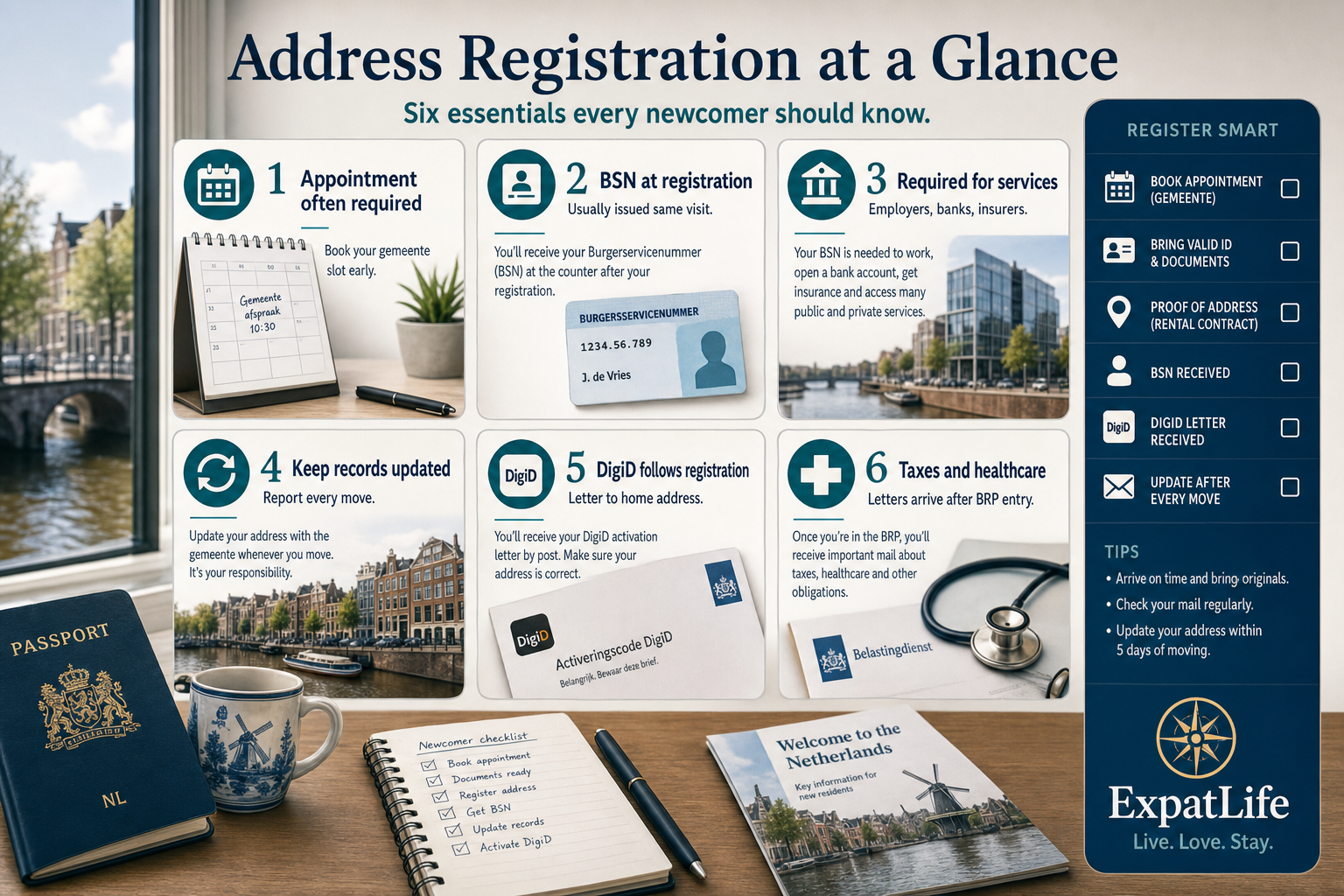 Premium infographic snapshot of Dutch address registration essentials for newcomers.