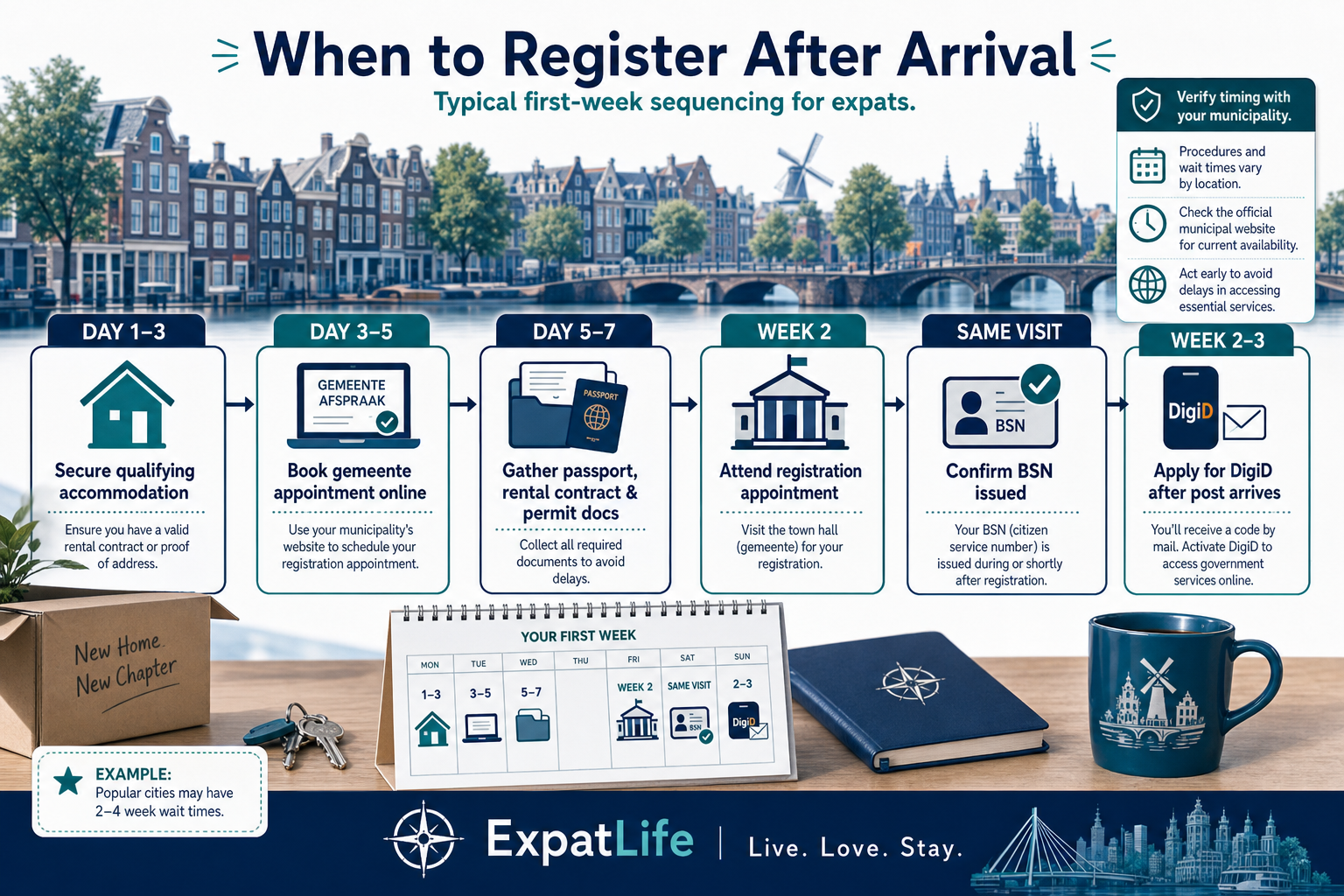 Premium infographic timeline for when to register after arriving in the Netherlands.