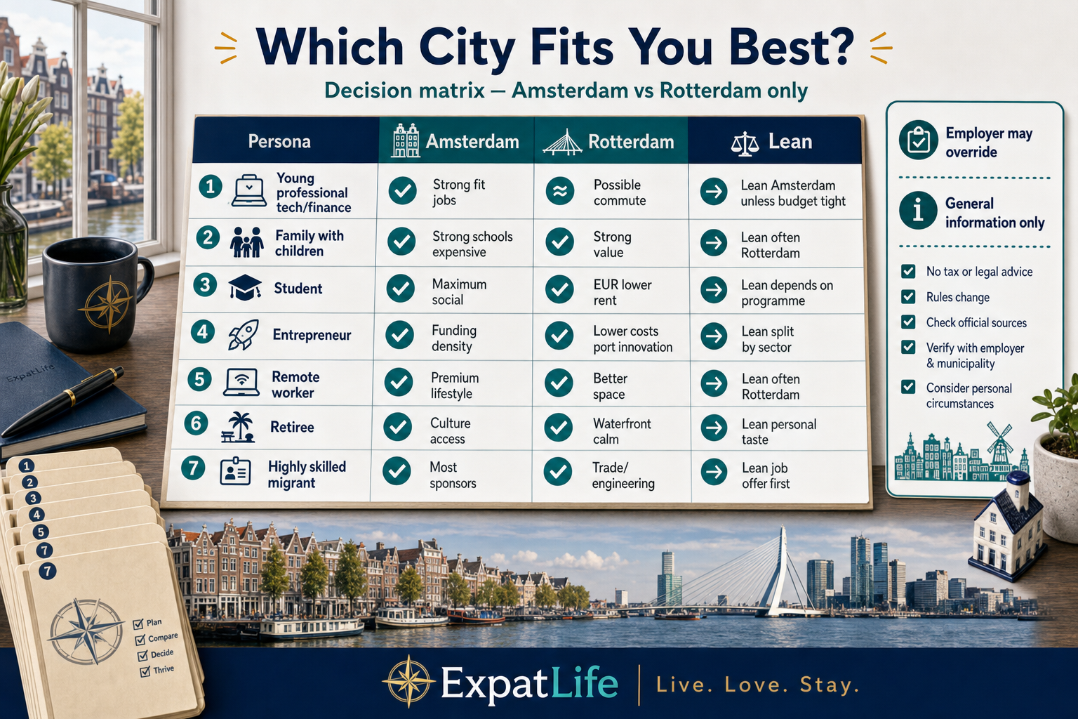 Premium decision matrix table mapping personas — young professional, family, student, entrepreneur, remote worker, retiree, HSM — to Amsterdam vs Rotterdam lean.