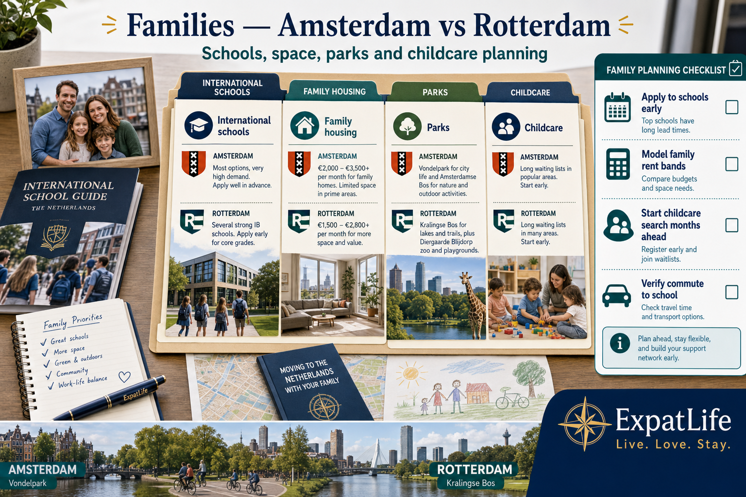 Premium family comparison board — schools, parks, housing space, childcare and safety context for Amsterdam vs Rotterdam.