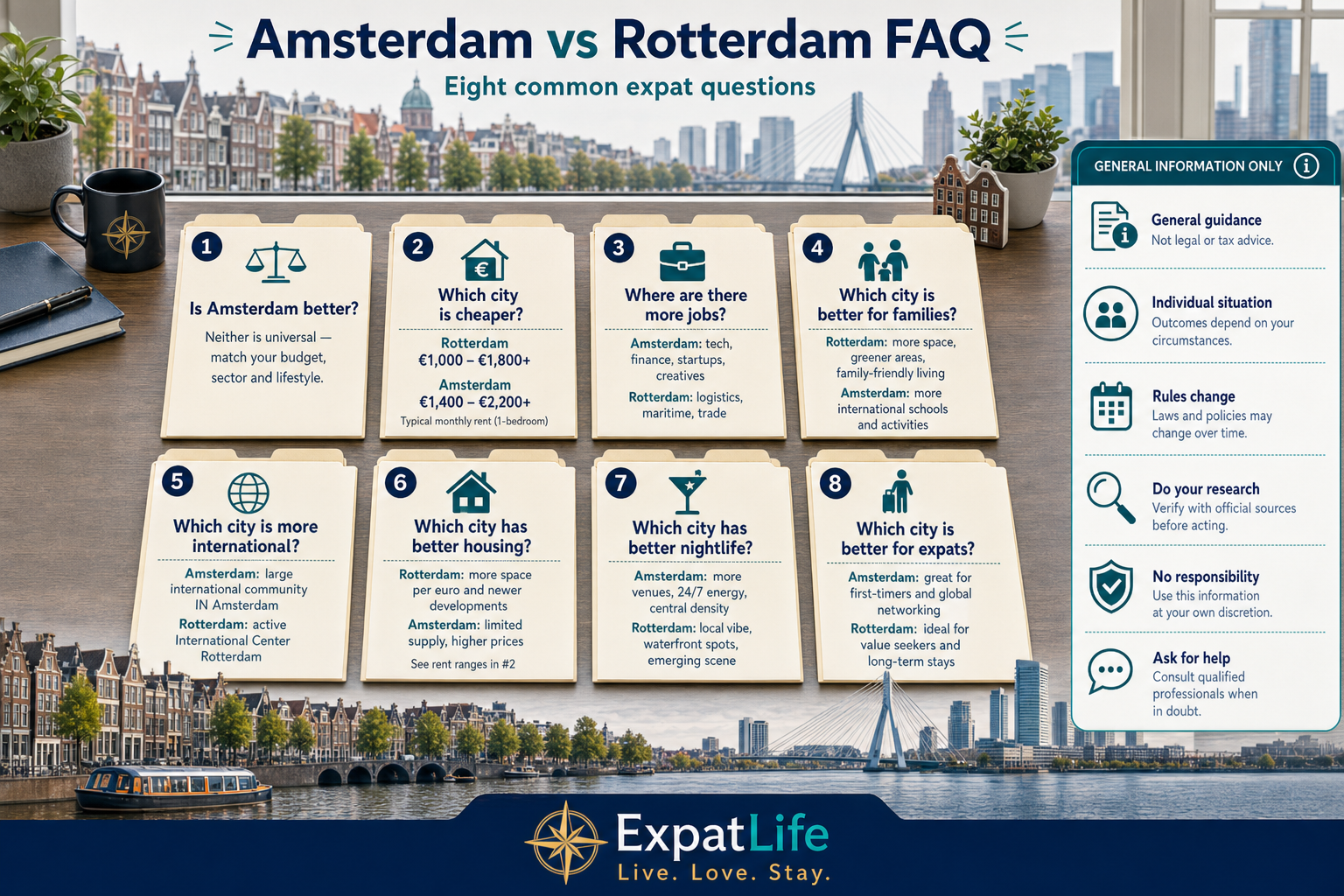 Premium FAQ accordion board with eight Amsterdam vs Rotterdam questions on cost, jobs, families, housing, nightlife and expat life.