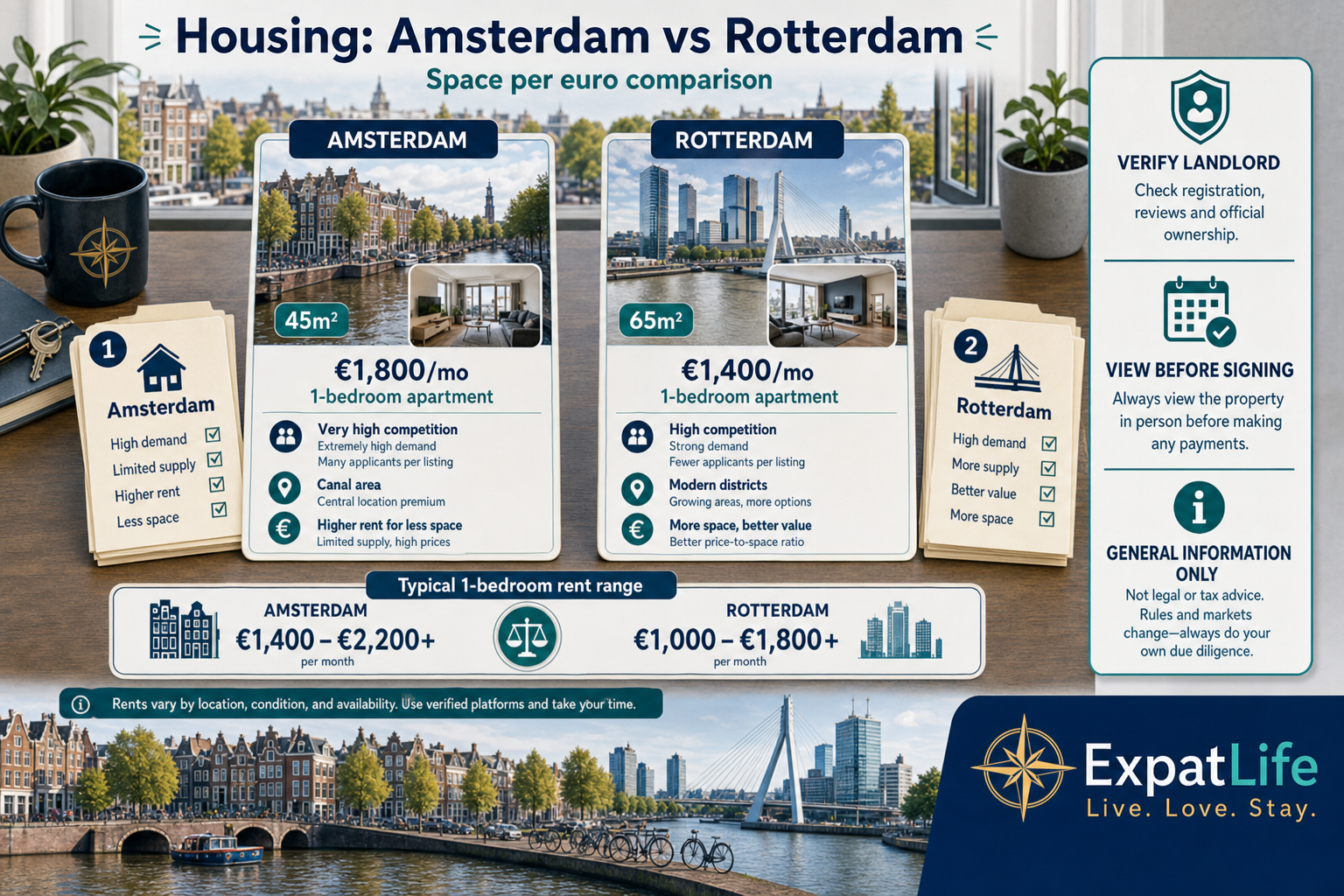 Premium housing comparison scene contrasting Amsterdam competitive rental market with Rotterdam more affordable apartments and neighborhood variety.