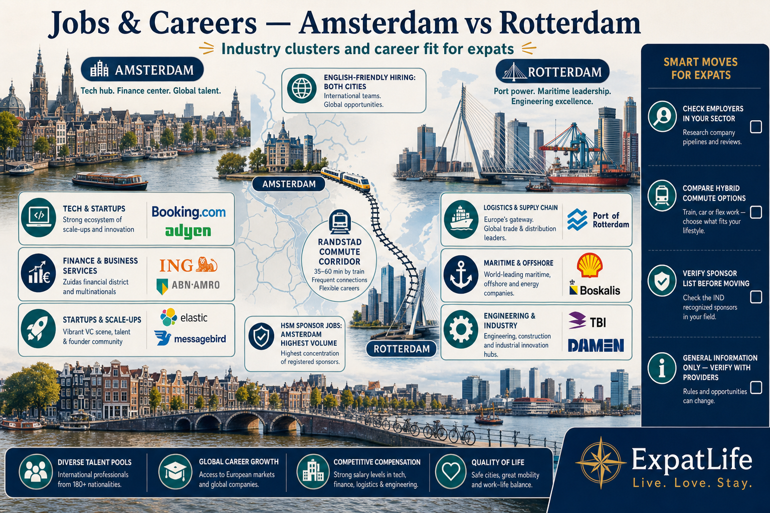Premium job market comparison map — Amsterdam tech, finance and startups vs Rotterdam logistics, maritime and engineering clusters.