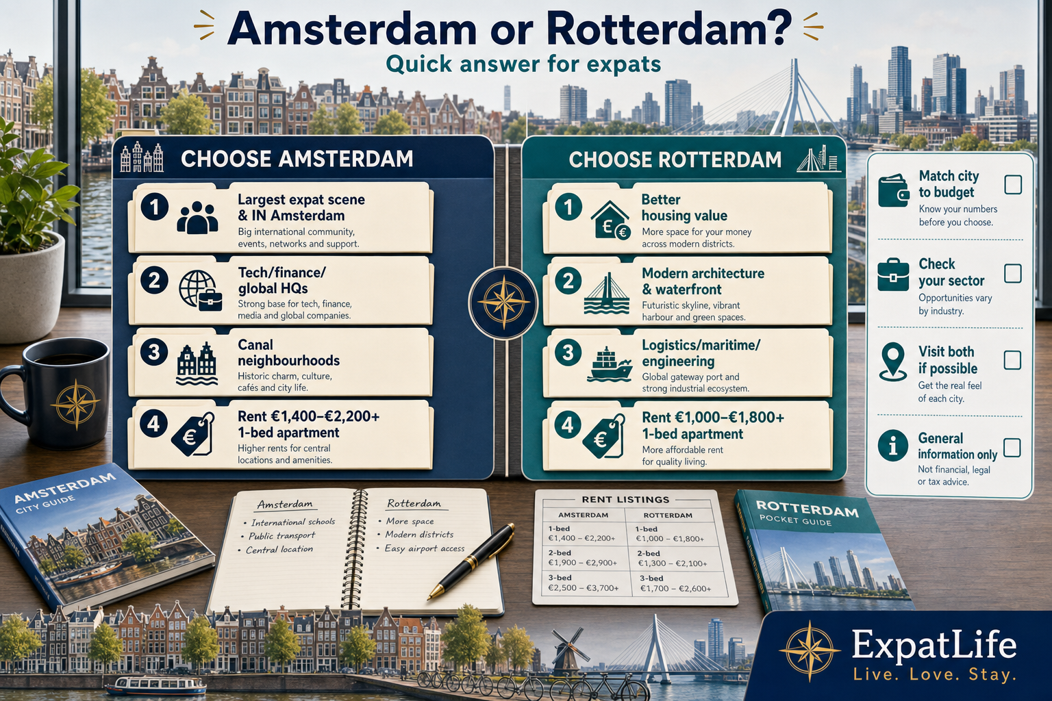 Premium split decision board — choose Amsterdam for largest expat scene and global employers; choose Rotterdam for housing value, modern architecture and fewer tourists.