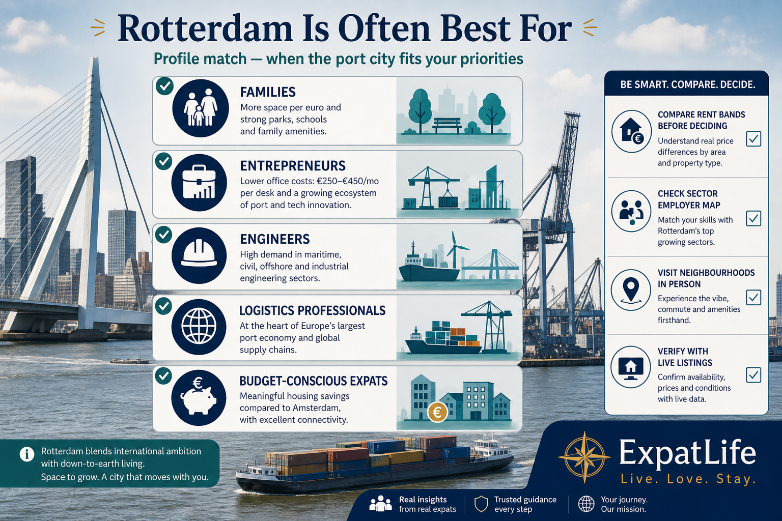 Premium profile cards — Rotterdam often best for families, entrepreneurs, engineers, logistics professionals and budget-conscious expats.