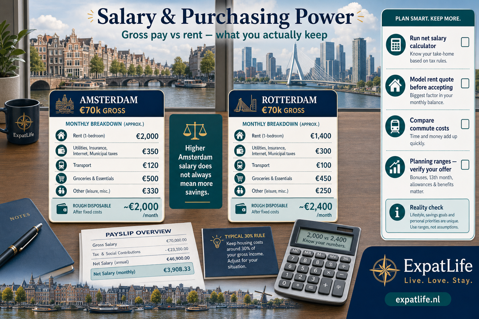 Premium salary and purchasing-power board showing gross pay alongside rent and disposable income context for both cities.