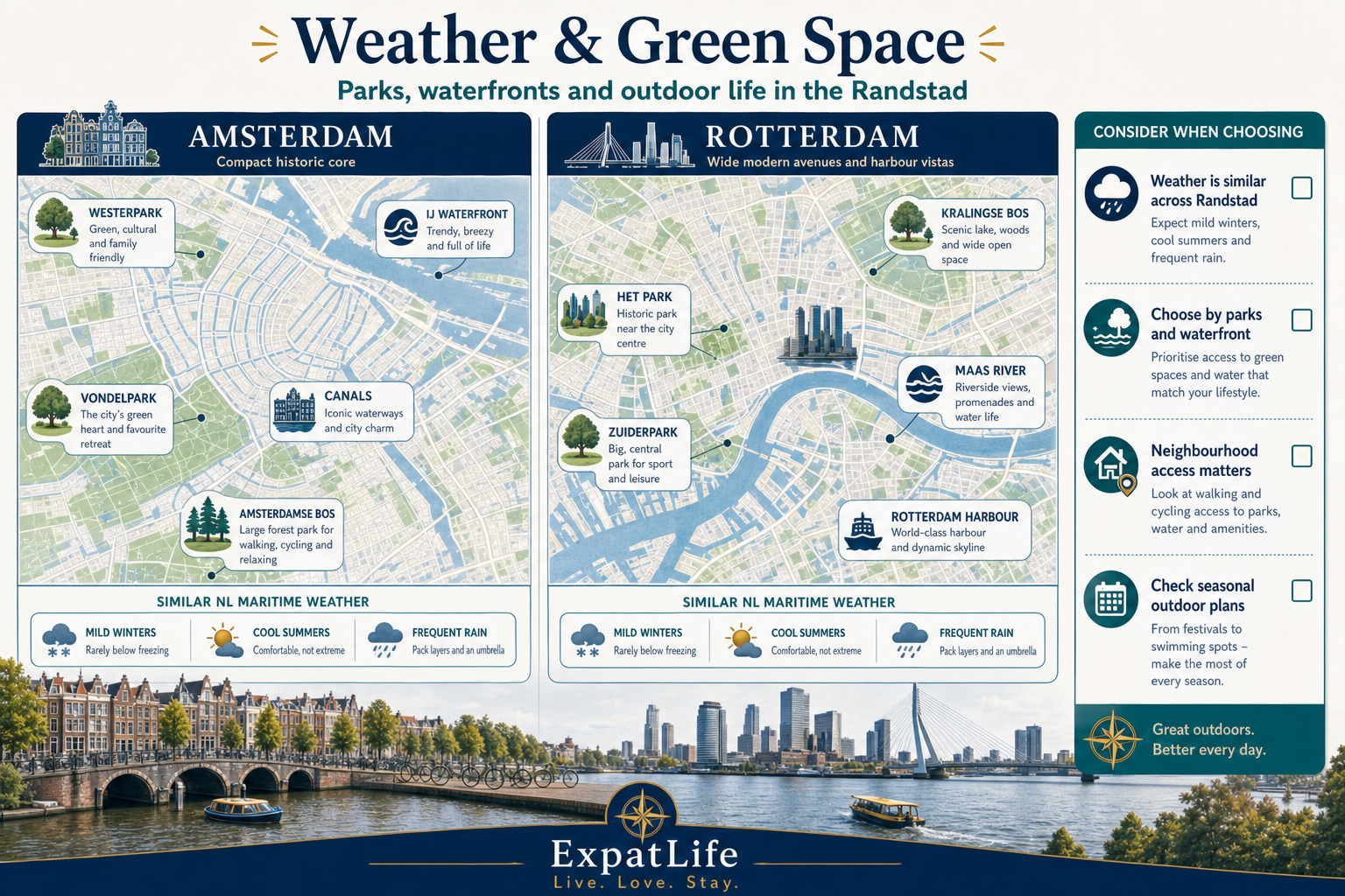Premium parks and waterfront comparison — green space, outdoor recreation and urban feel in Amsterdam vs Rotterdam.