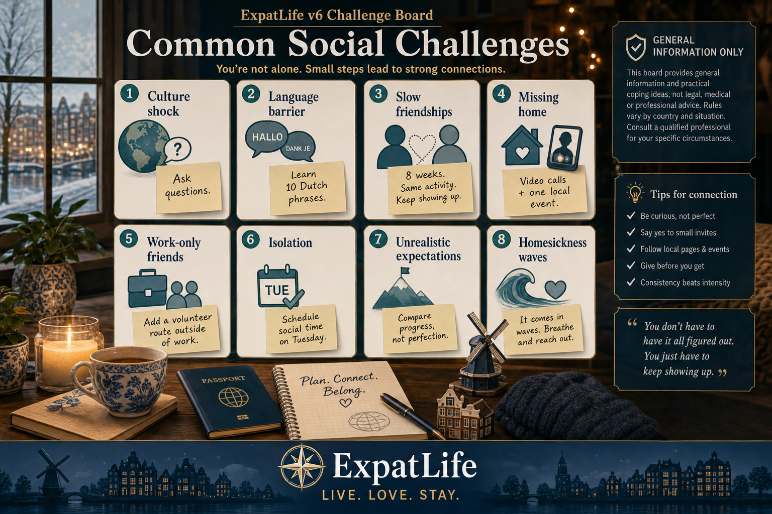 Premium ExpatLife challenge board with culture shock, language barriers, isolation, and practical coping notes.