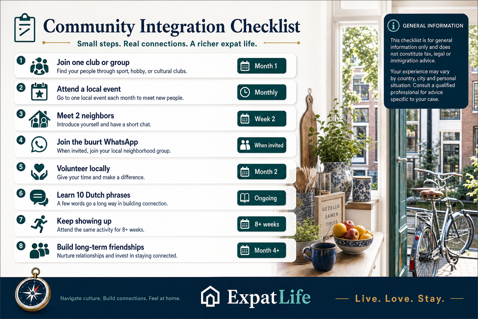 Premium ExpatLife eight-step integration checklist with week-one through month-four timing hints.