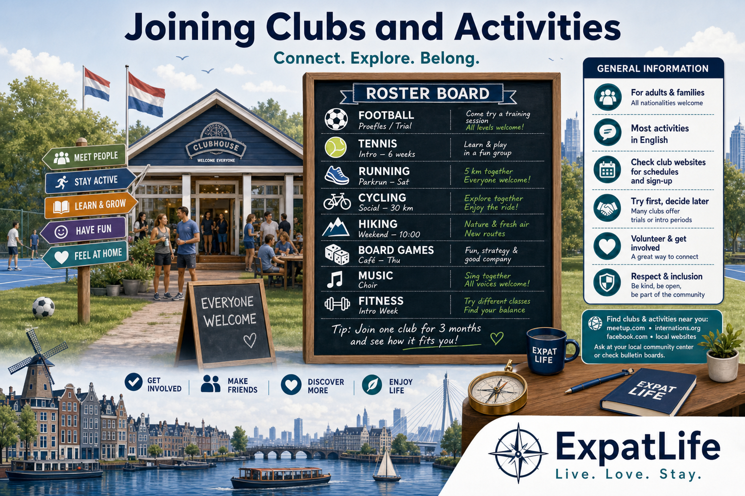 Premium ExpatLife sports and hobby club roster with trial sessions, intro courses, and social team culture.