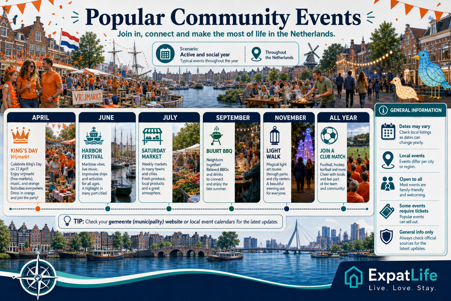 Premium ExpatLife year calendar of King's Day, markets, sports events, and neighborhood gatherings.