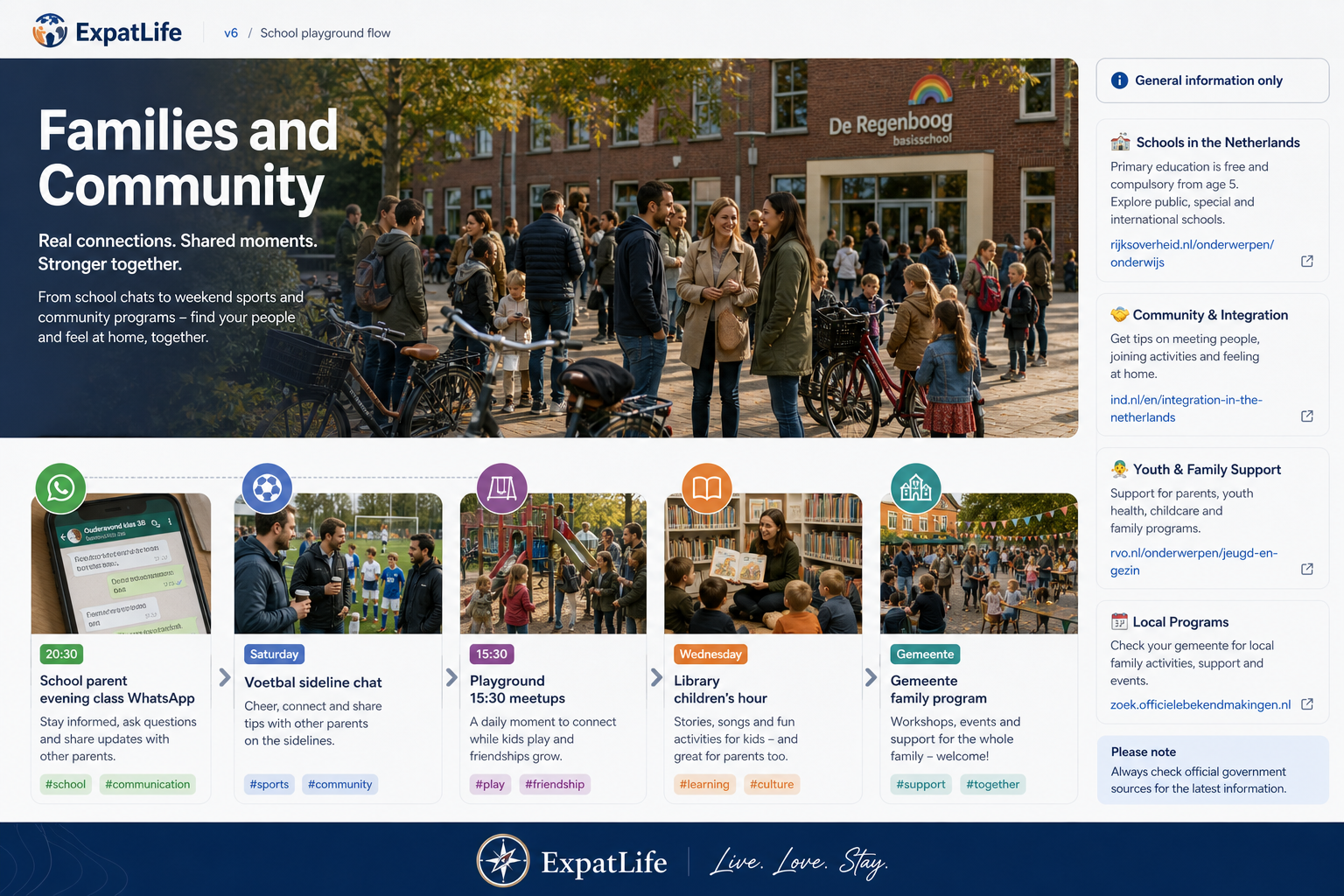 Premium ExpatLife family community flow: schools, parent groups, children's sports, and local activities.