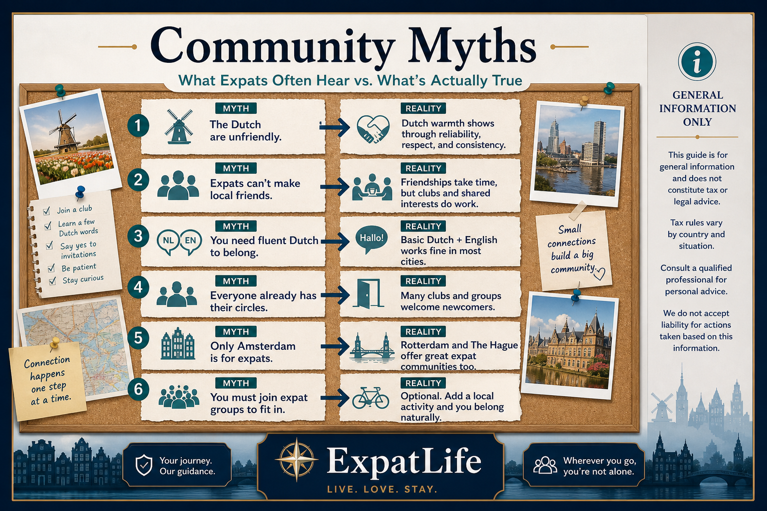 Premium ExpatLife myth versus reality board with balanced explanations for common integration assumptions.
