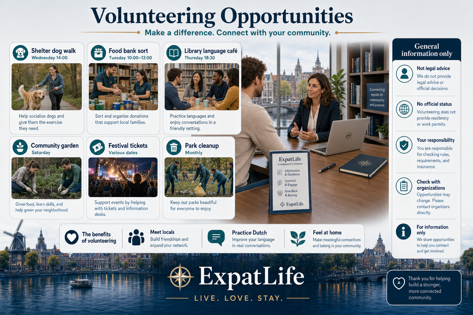 Premium ExpatLife volunteer shift board with shelters, food banks, libraries, gardens, and festival examples.