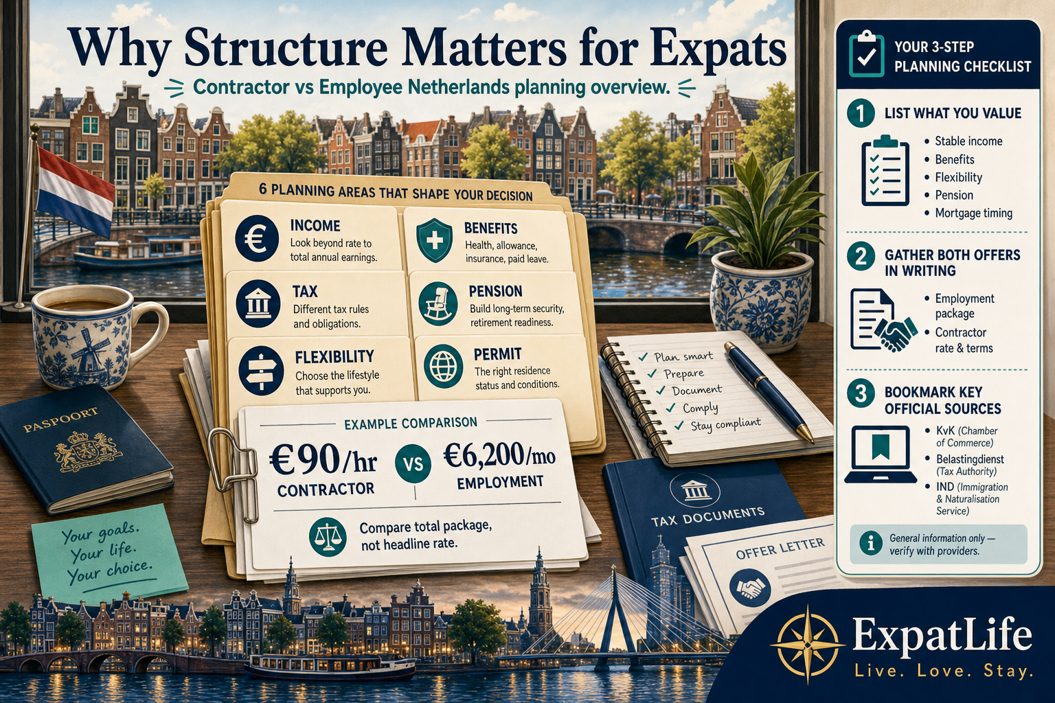 Premium infographic record-file builder on choosing employee vs contractor paths — income, benefits, tax, pension, flexibility and permit context with expat examples and a three-step orientation rail.